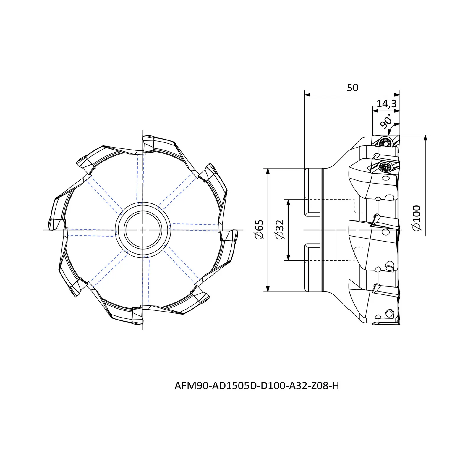 AFM90-AD1505D-D100-A32-Z08-H &mdash; dimensioned drawing