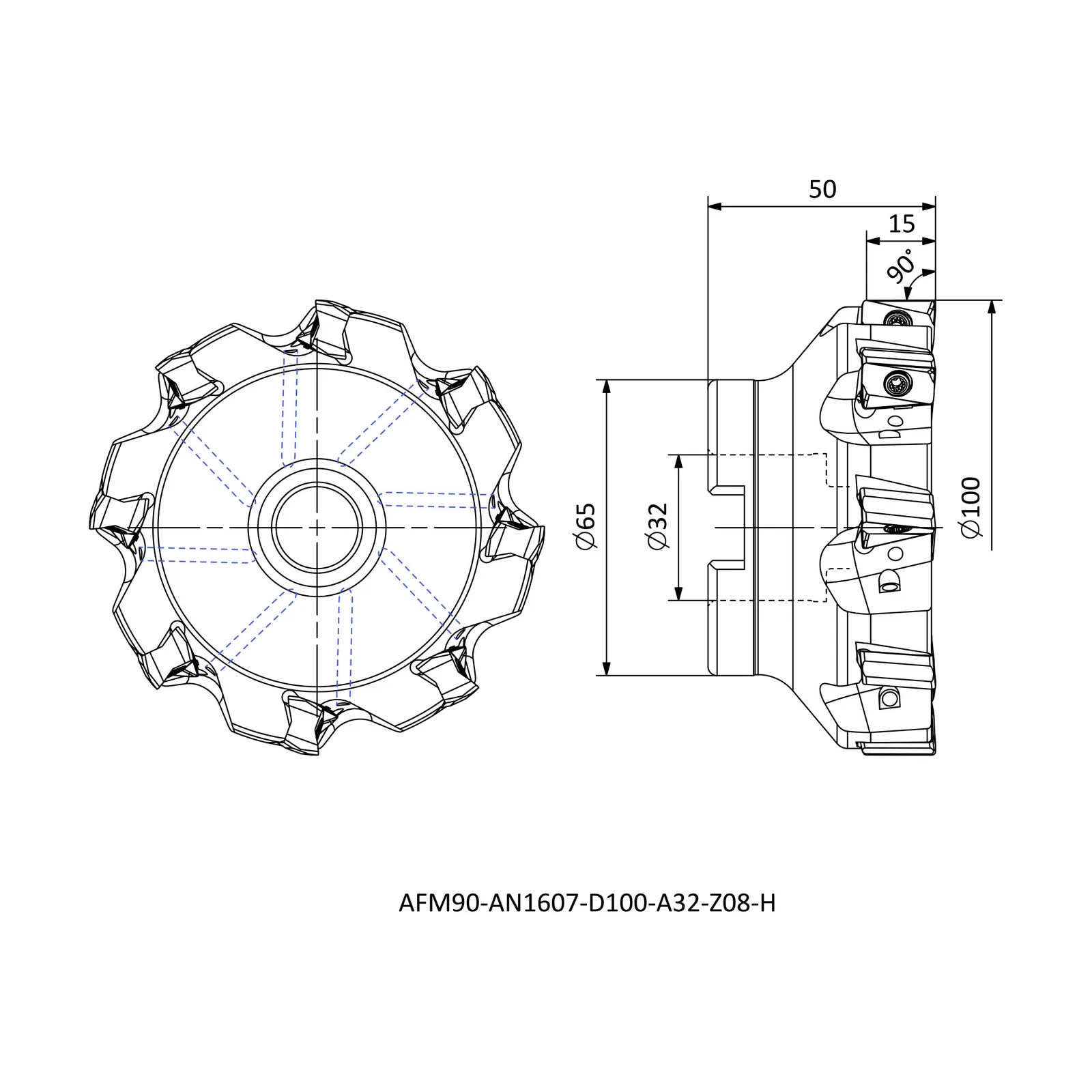 AFM90-AN1607-D100-A32-Z08-H &mdash; dimensioned drawing
