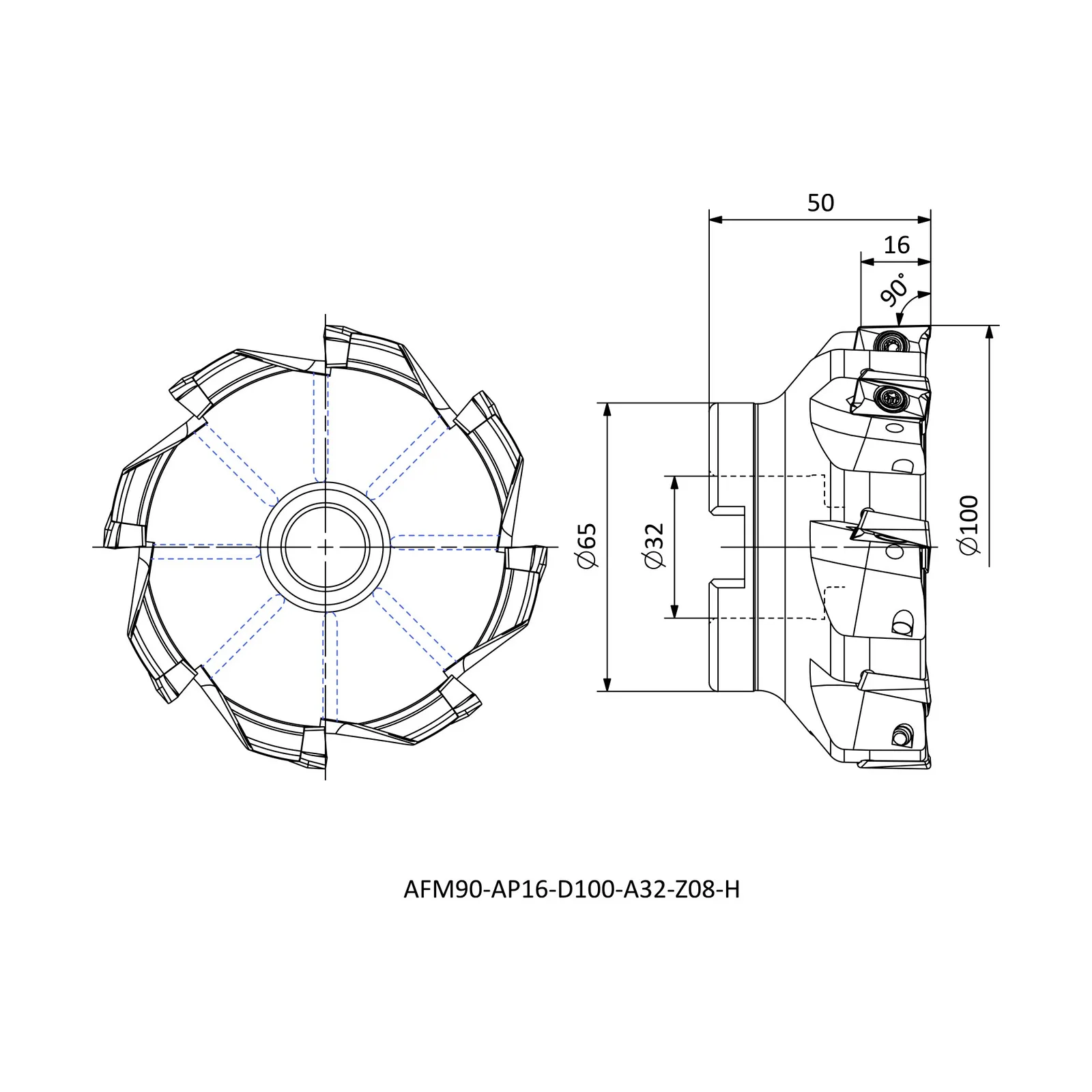AFM90-AP16-D100-A32-Z08-H &mdash; dimensioned drawing