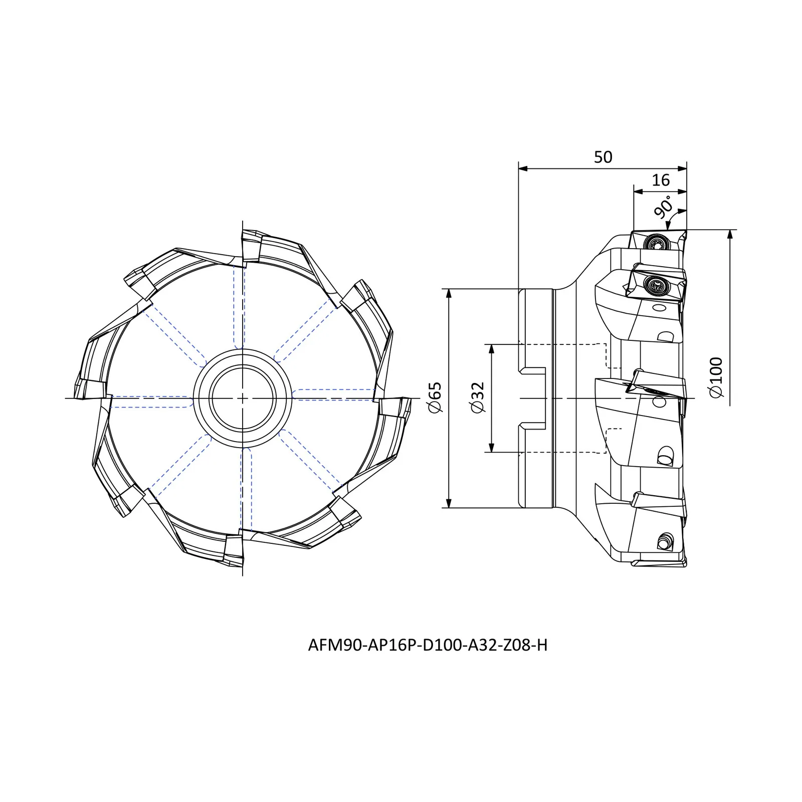 AFM90-AP16P-D100-A32-Z08-H &mdash; dimensioned drawing