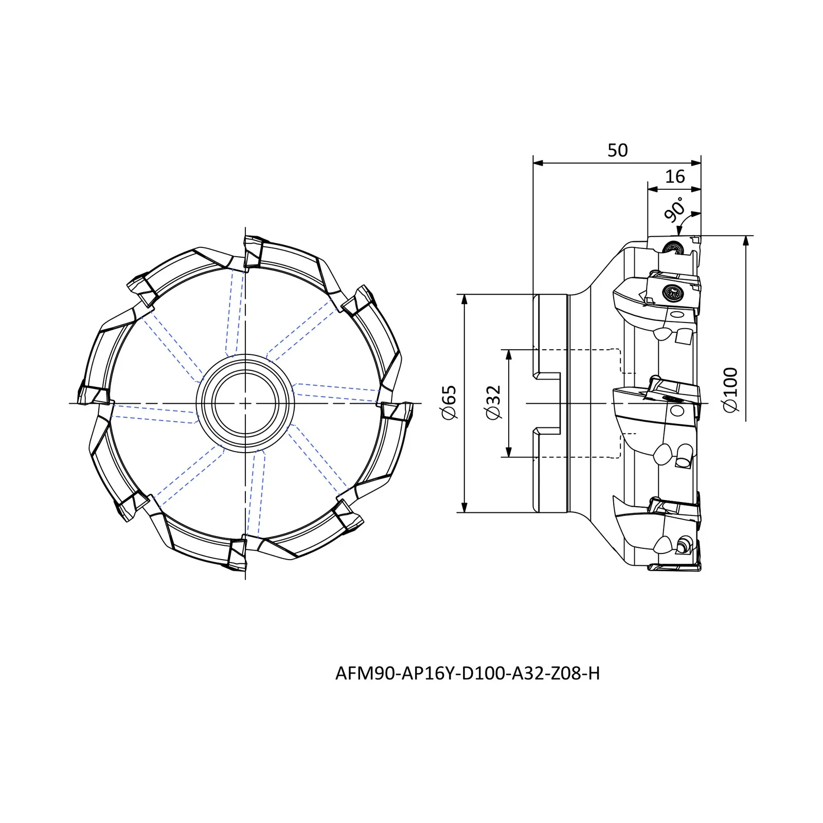 AFM90-AP16Y-D100-A32-Z08-H &mdash; dimensioned drawing