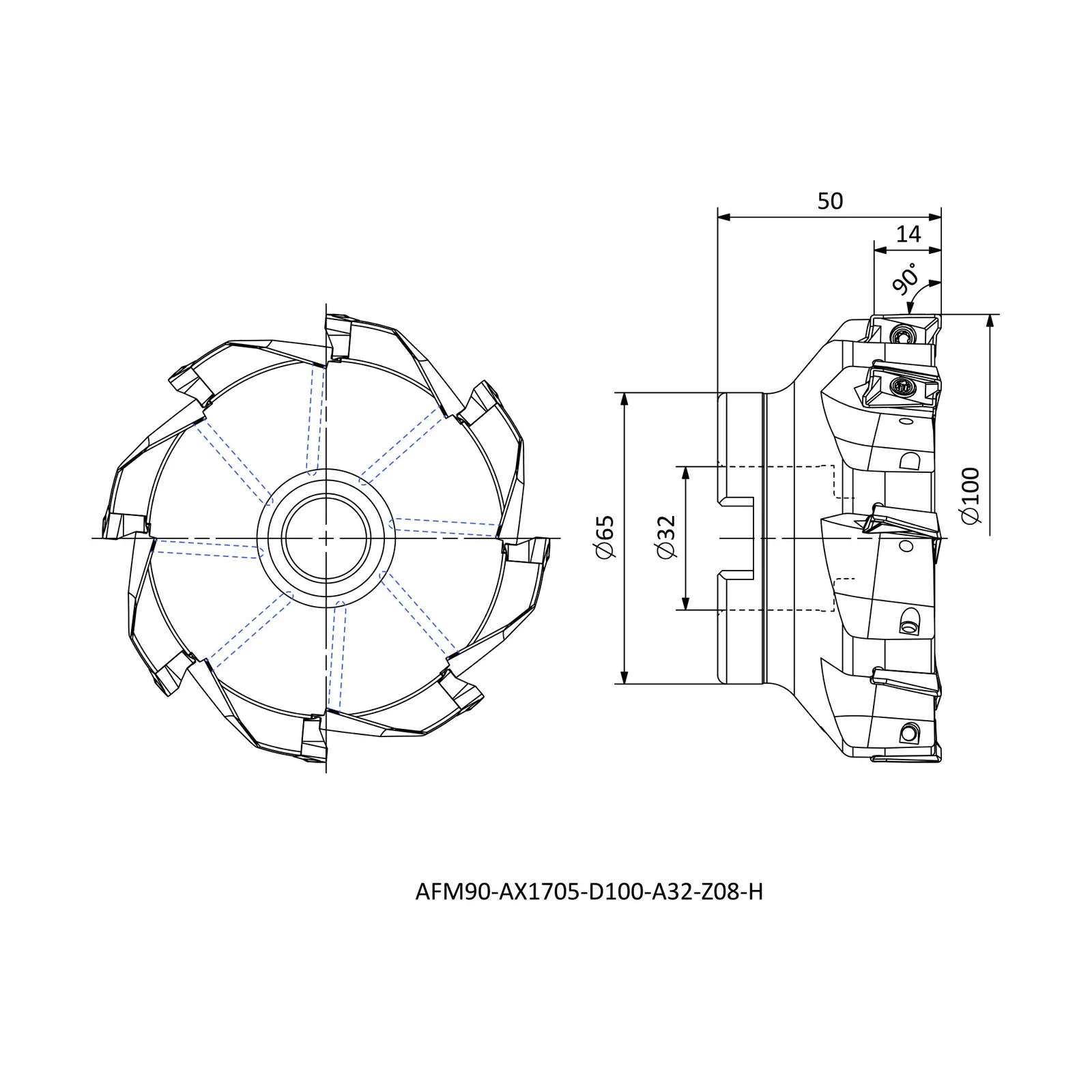AFM90-AX1705-D100-A32-Z08-H &mdash; dimensioned drawing