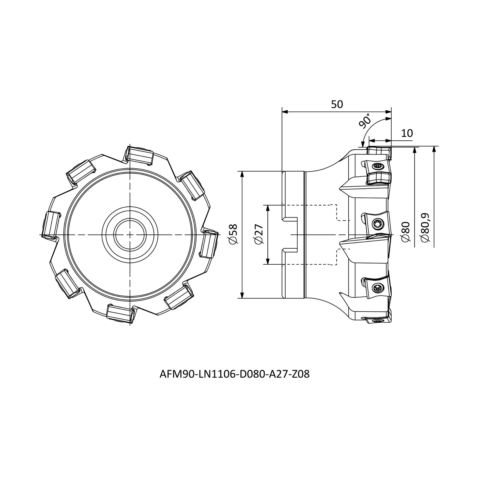 AFM90-LN1106-D080-A27-Z08 &mdash; dimensioned drawing