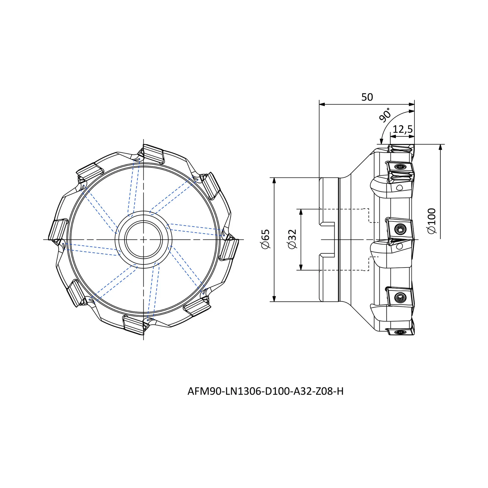 AFM90-LN1306-D100-A32-Z08-H &mdash; dimensioned drawing