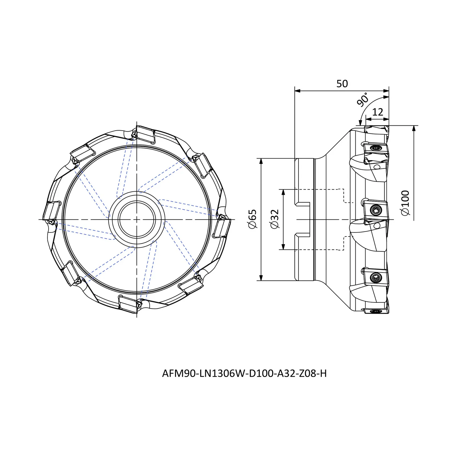 AFM90-LN1306W-D100-A32-Z08-H &mdash; dimensioned drawing