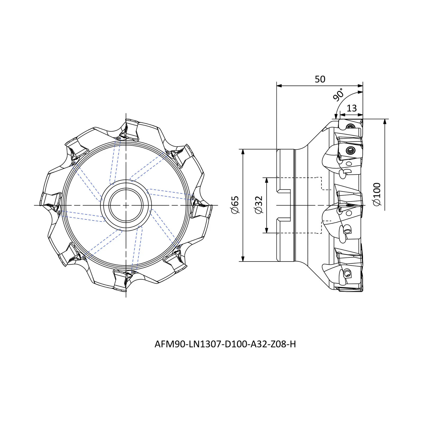 AFM90-LN1307-D100-A32-Z08-H &mdash; dimensioned drawing