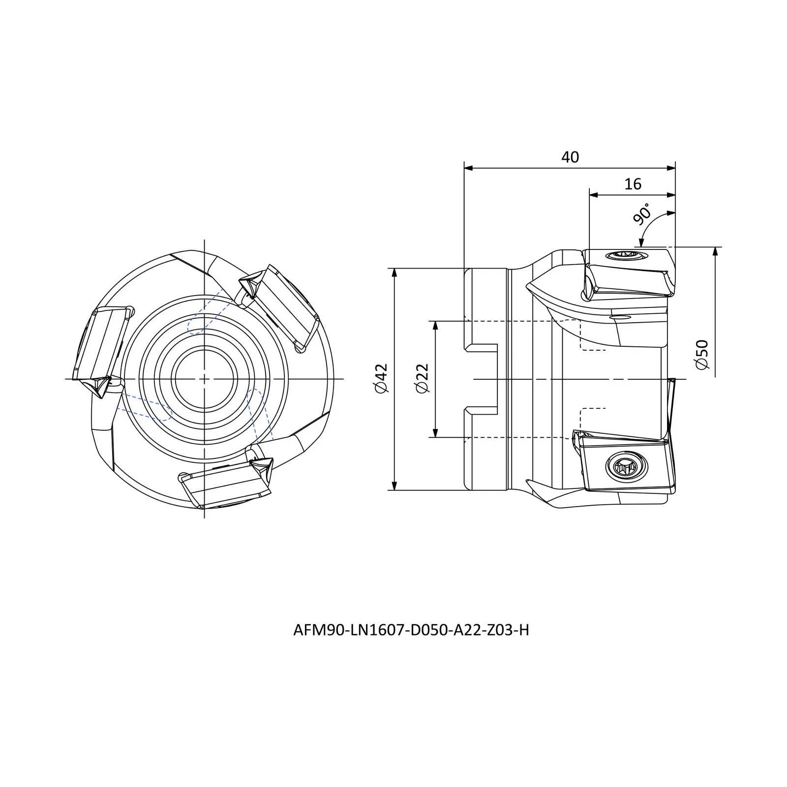 AFM90-LN1607-D050-A22-Z03-H &mdash; dimensioned drawing
