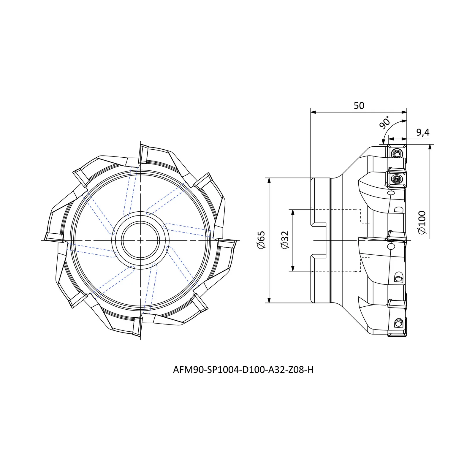 AFM90-SP1004-D100-A32-Z08-H &mdash; dimensioned drawing