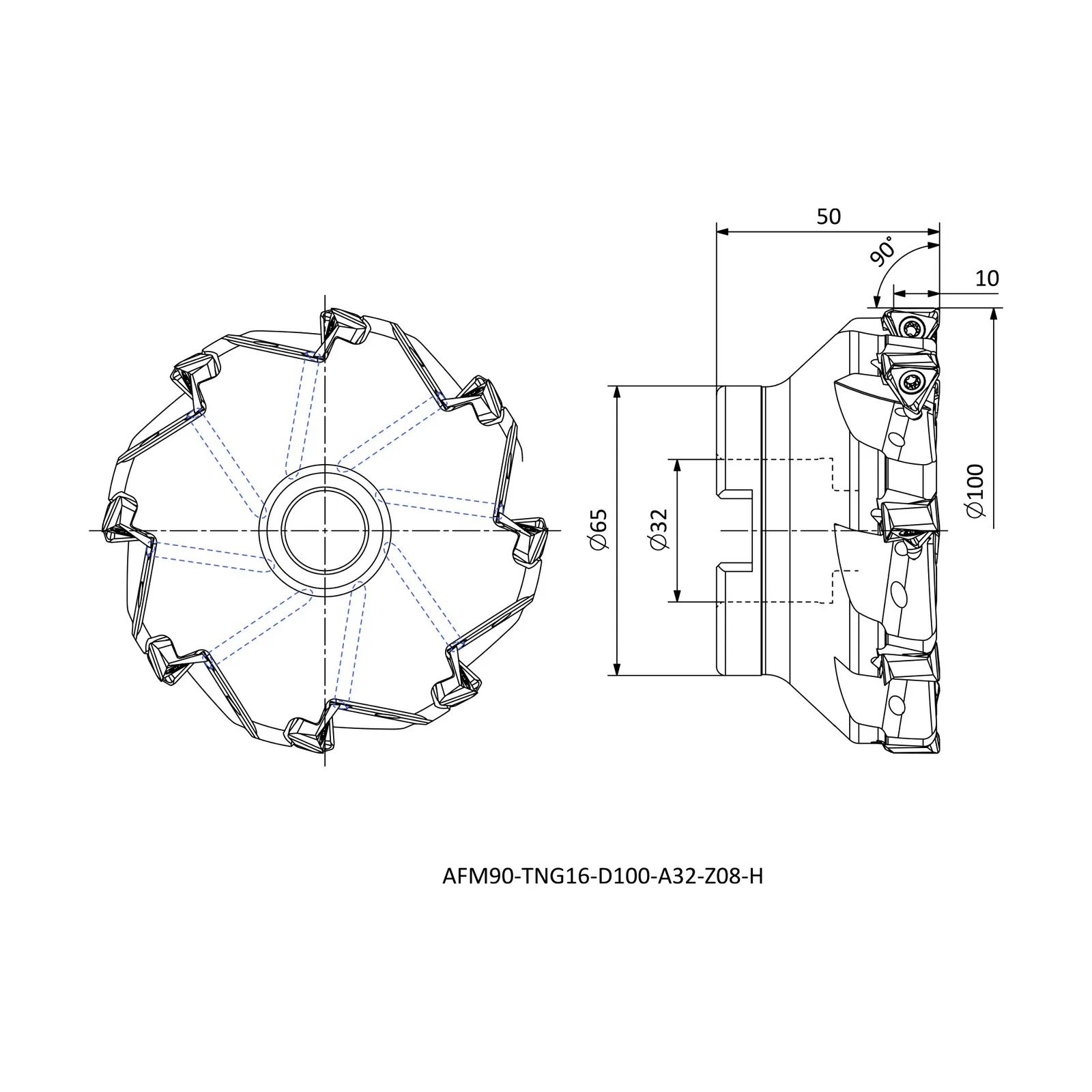 AFM90-TNG16-D100-A32-Z08-H &mdash; dimensioned drawing