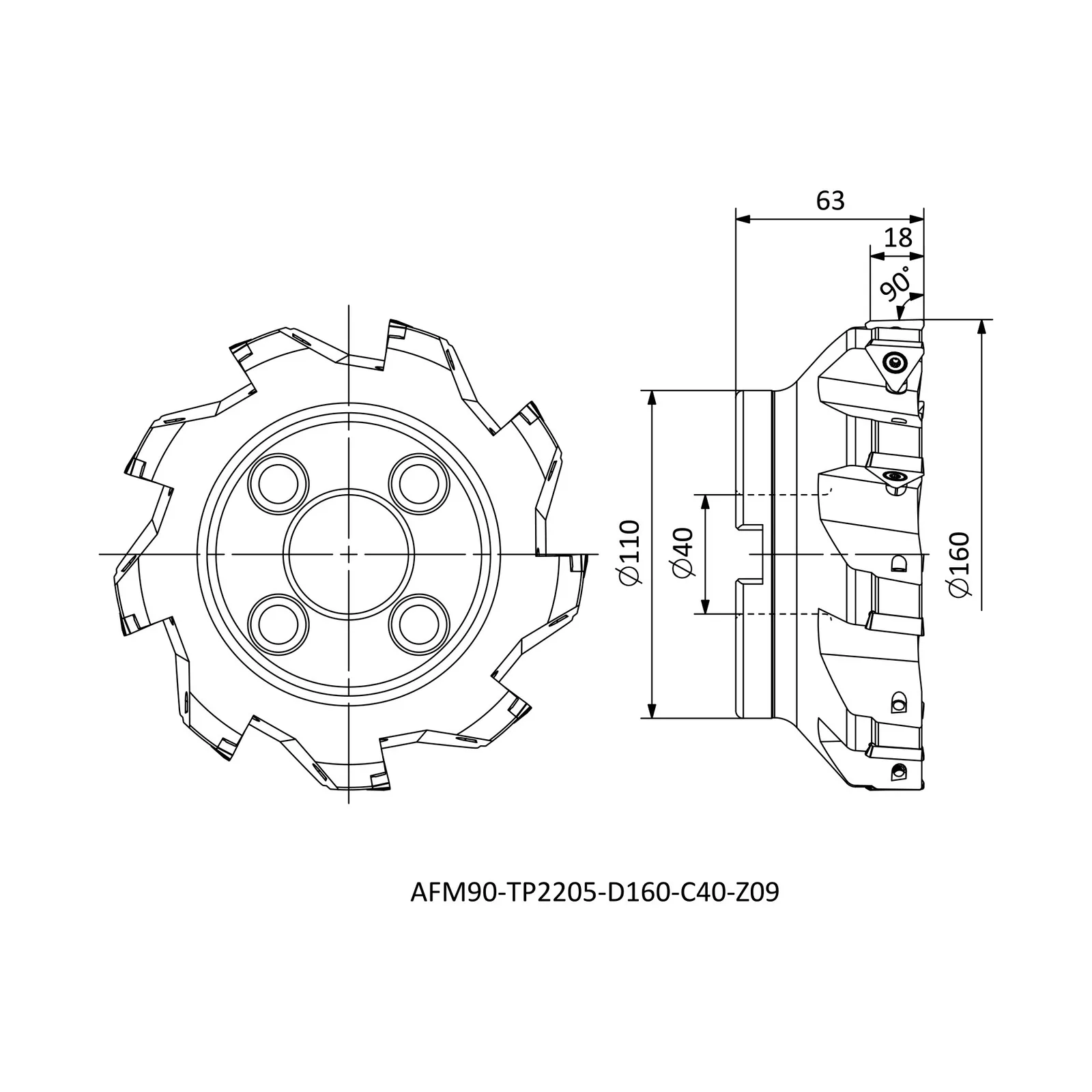 AFM90-TP2205-D160-C40-Z09 &mdash; dimensioned drawing