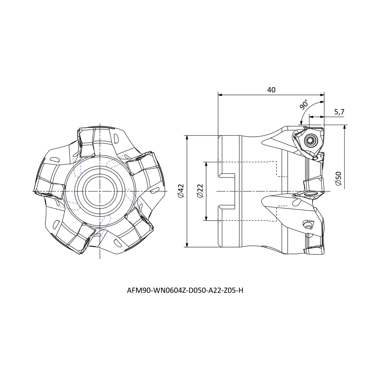 AFM90-WN0604Z-D050-A22-Z05-H &mdash; dimensioned drawing