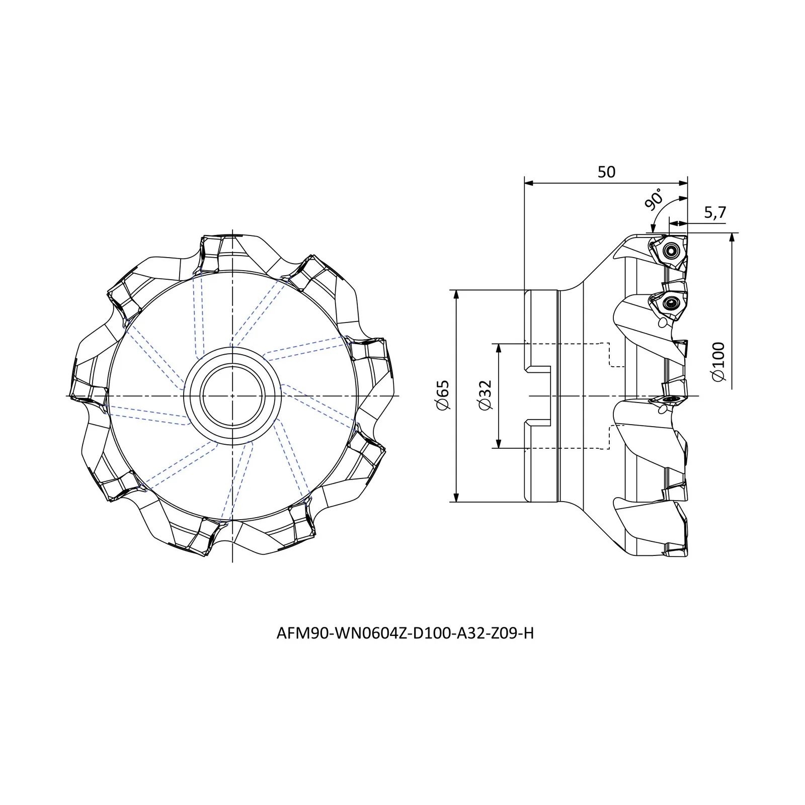 AFM90-WN0604Z-D100-A32-Z09-H &mdash; dimensioned drawing