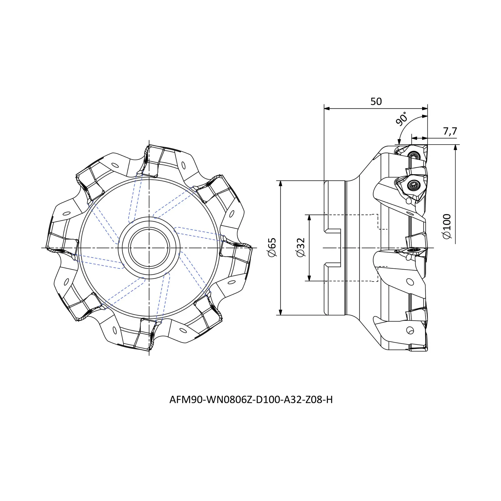 AFM90-WN0806Z-D100-A32-Z08-H &mdash; dimensioned drawing