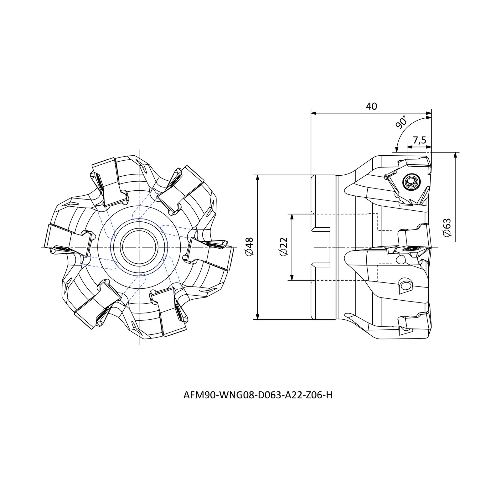 AFM90-WNG08-D063-A22-Z06-H &mdash; dimensioned drawing