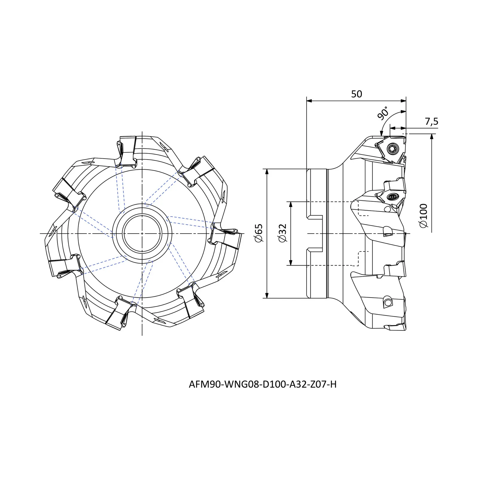 AFM90-WNG08-D100-A32-Z07-H &mdash; dimensioned drawing