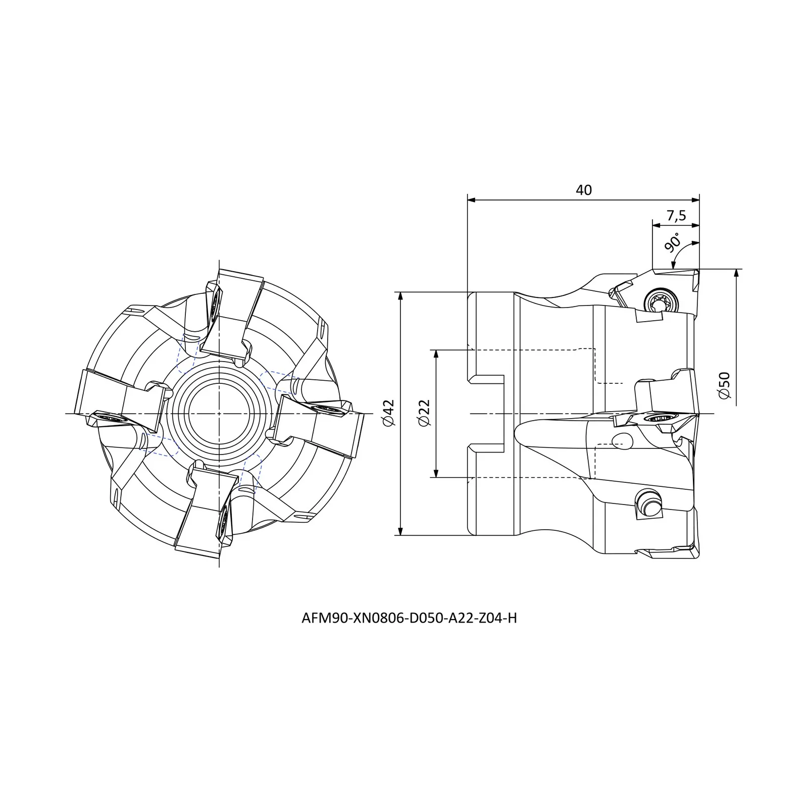 AFM90-XN0806-D050-A22-Z04-H &mdash; dimensioned drawing