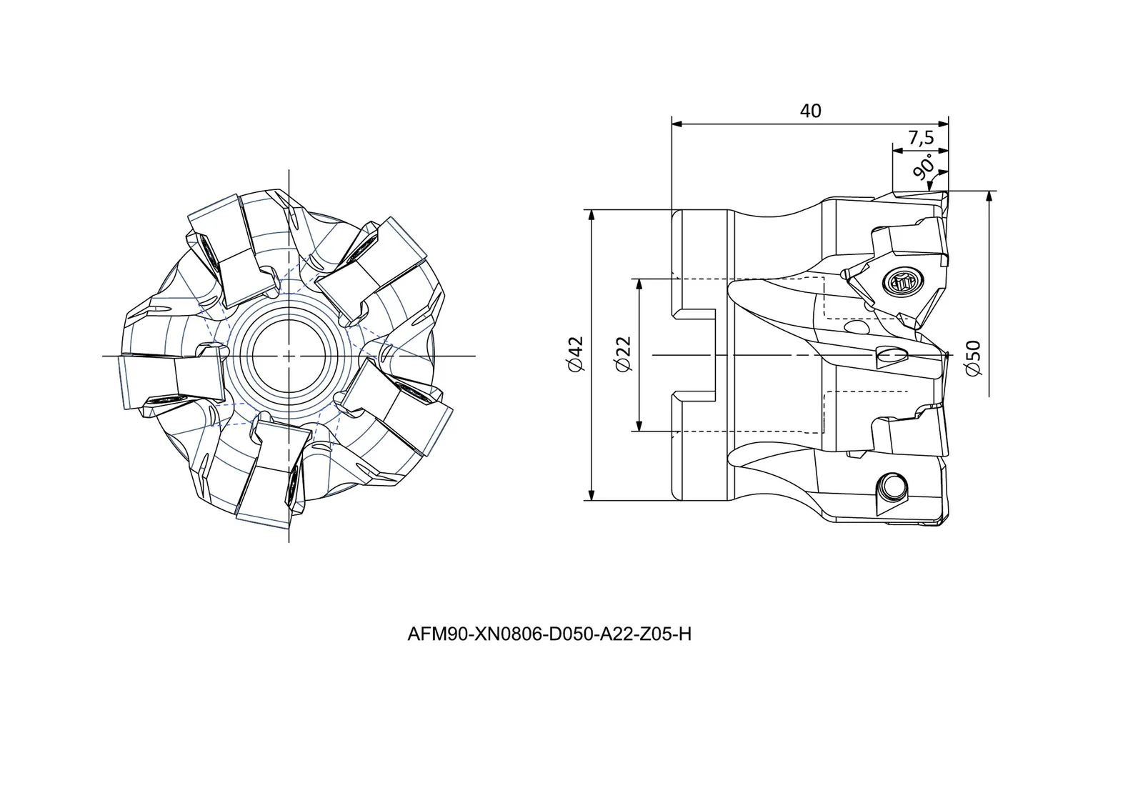 AFM90-XN0806-D050-A22-Z05-H &mdash; dimensioned drawing