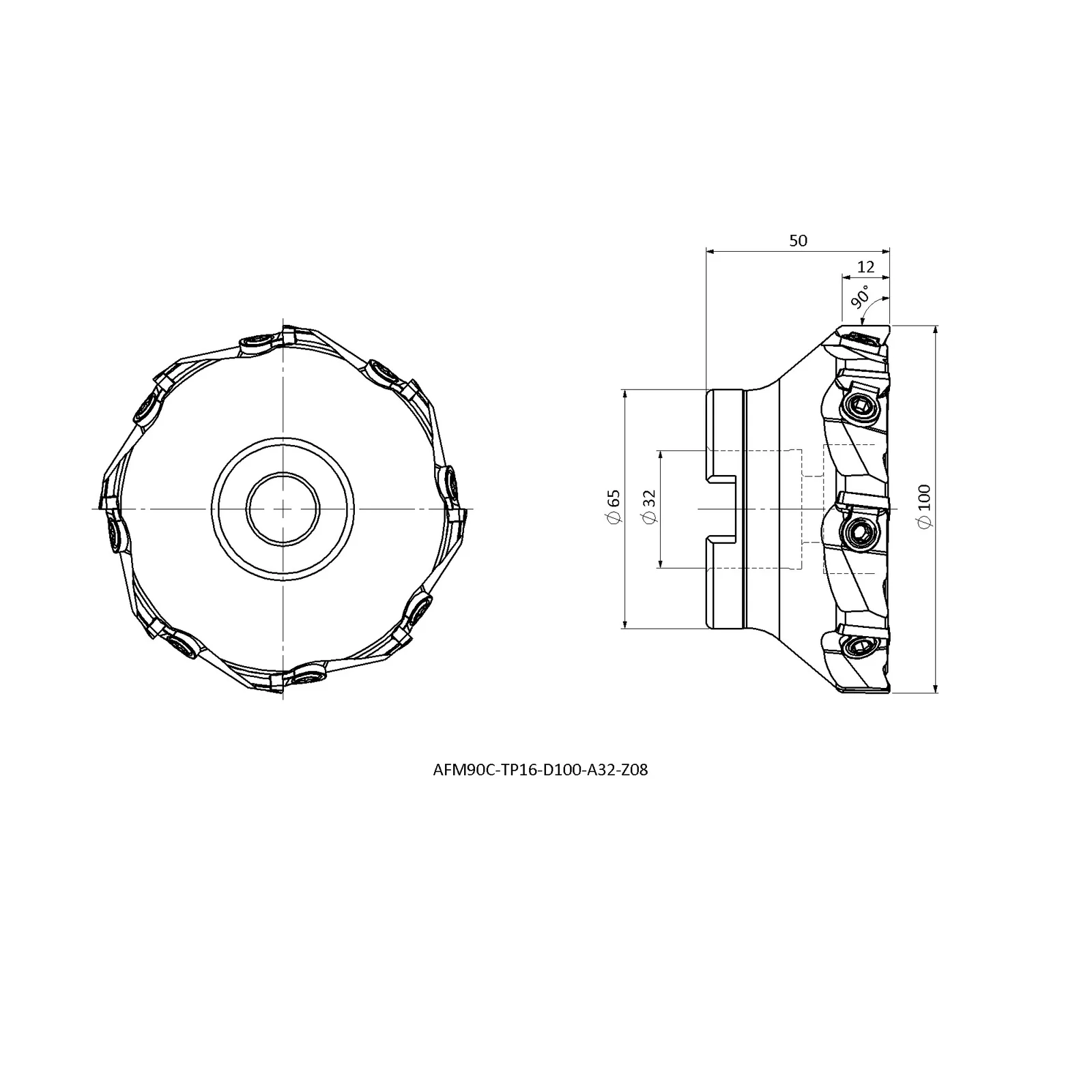 AFM90C-TP16-D100-A32-Z08 &mdash; dimensioned drawing