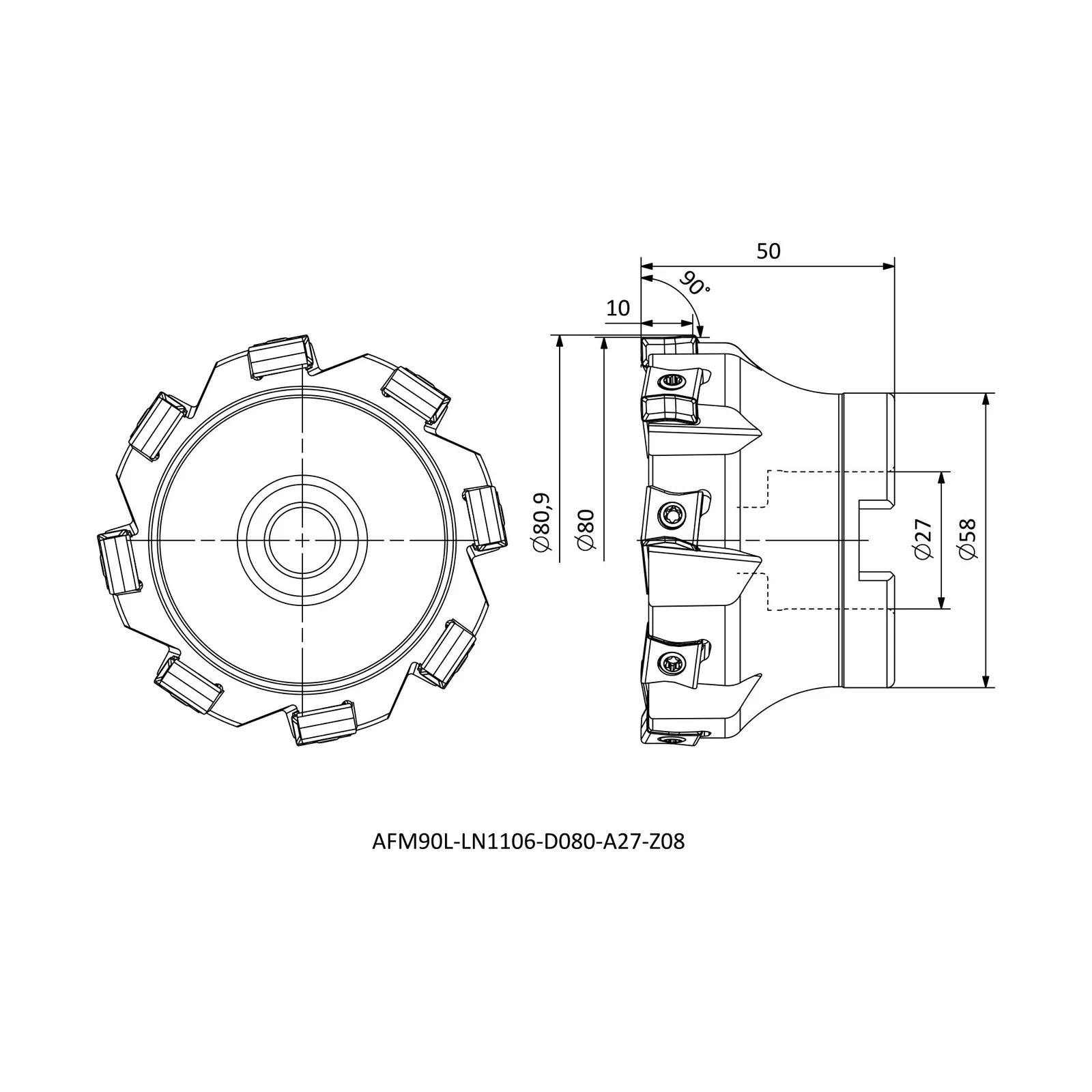 AFM90L-LN1106-D080-A27-Z08 &mdash; dimensioned drawing