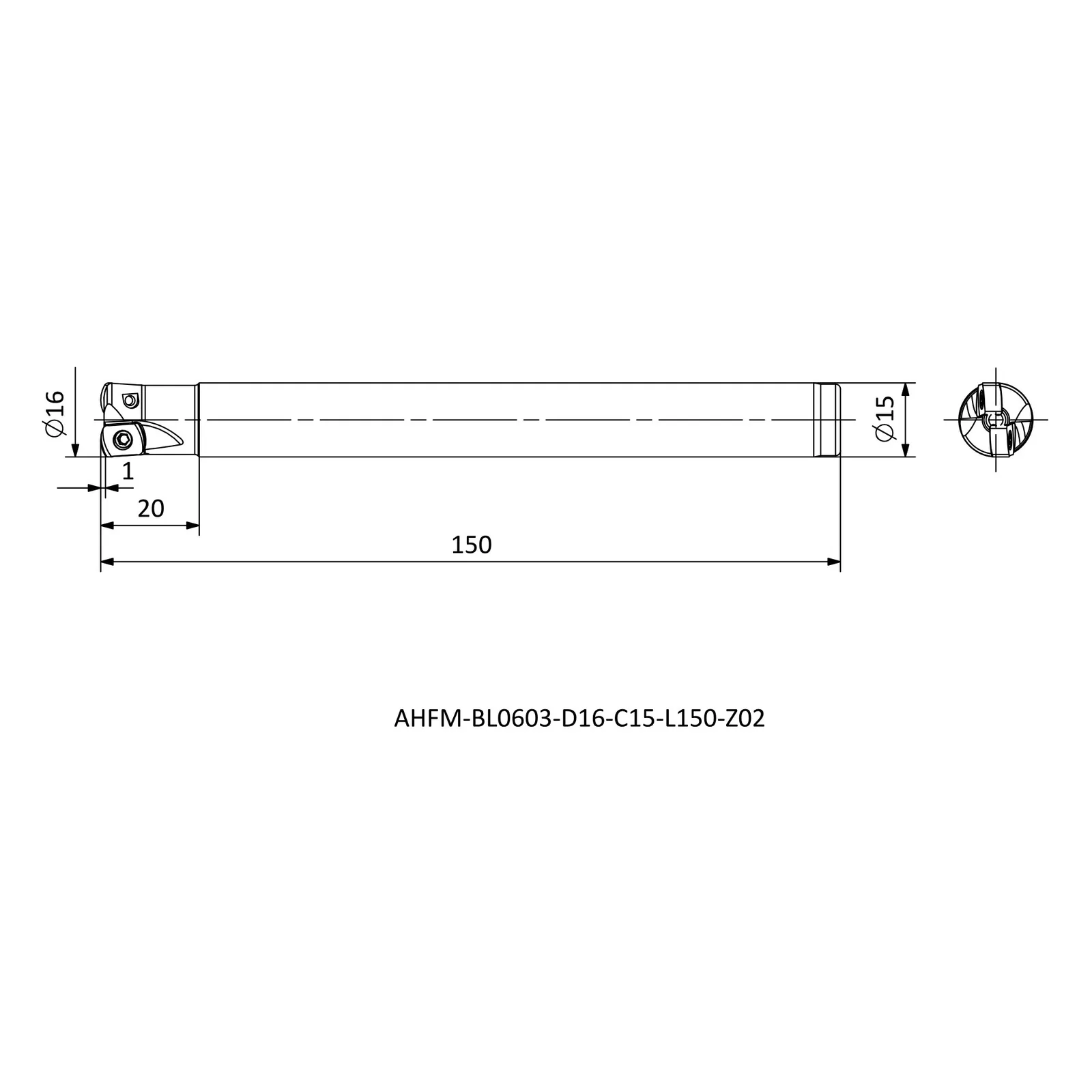 AHFM-BL0603-D16-C15-L150-Z02 &mdash; dimensioned drawing