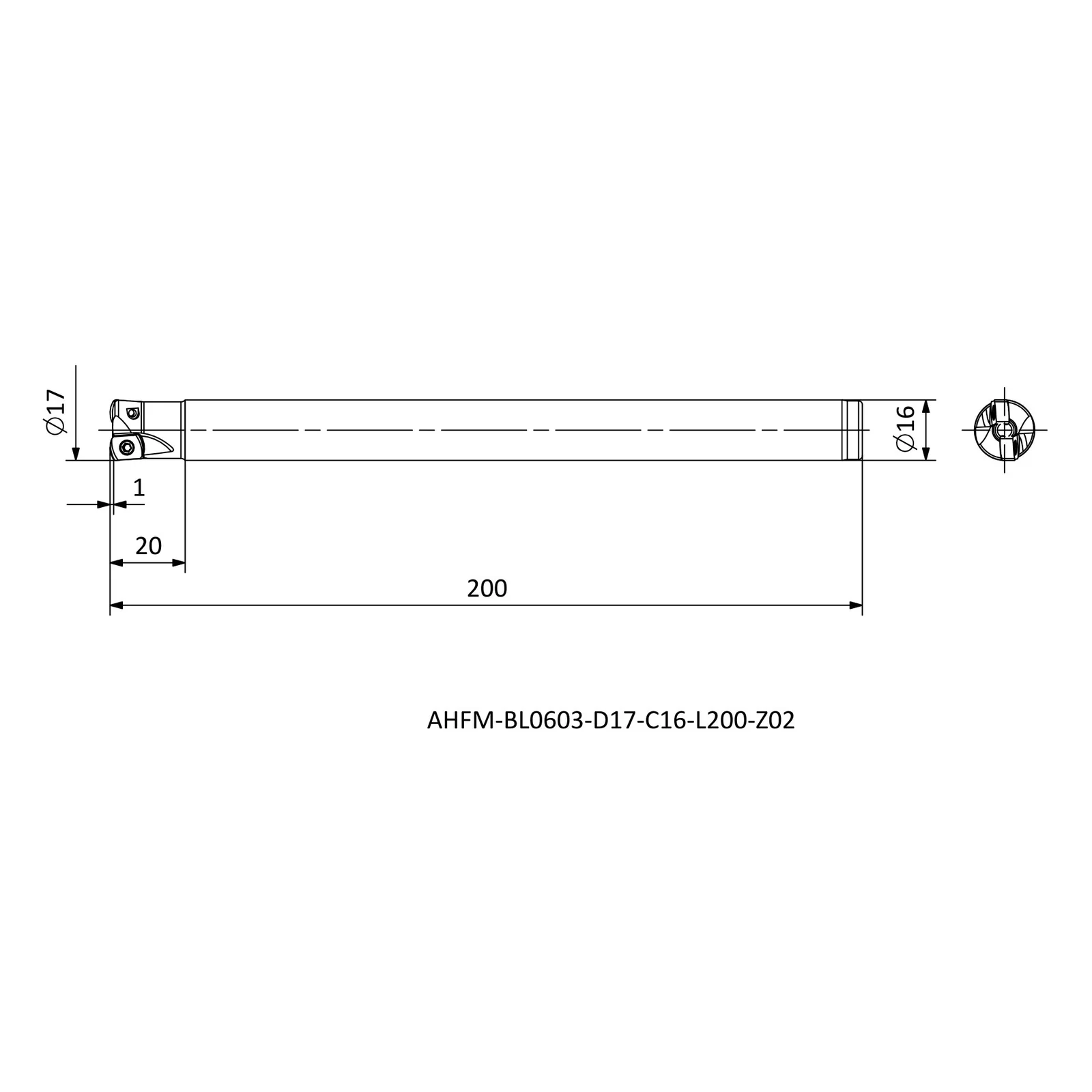 AHFM-BL0603-D17-C16-L200-Z02 &mdash; dimensioned drawing