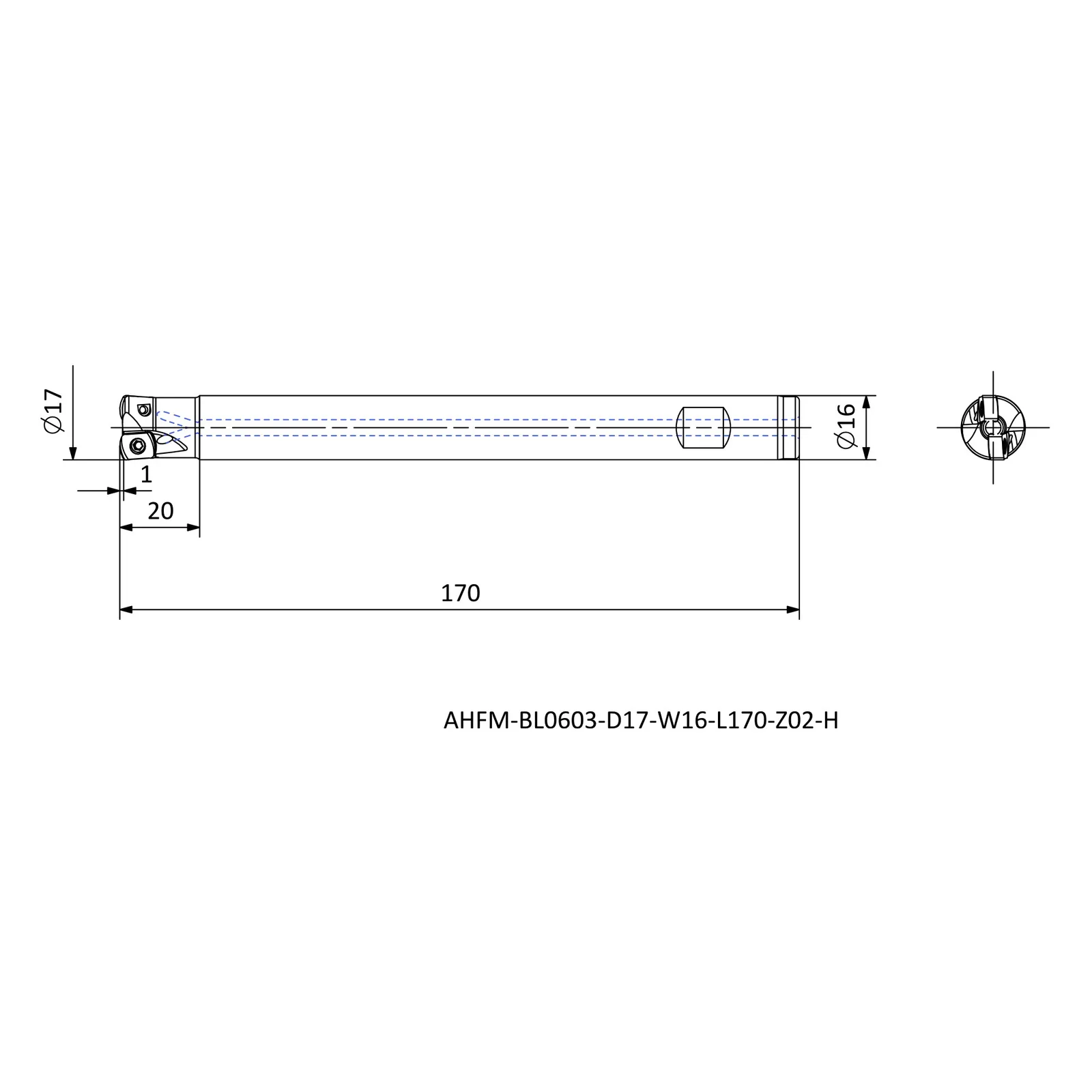 AHFM-BL0603-D17-W16-L170-Z02-H &mdash; dimensioned drawing