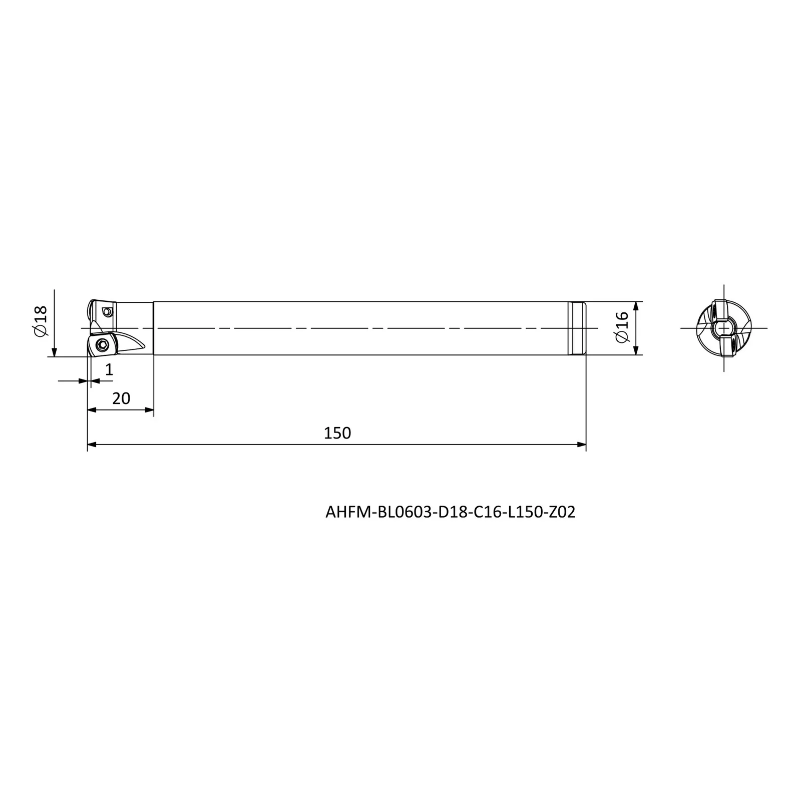 AHFM-BL0603-D18-C16-L150-Z02 &mdash; dimensioned drawing