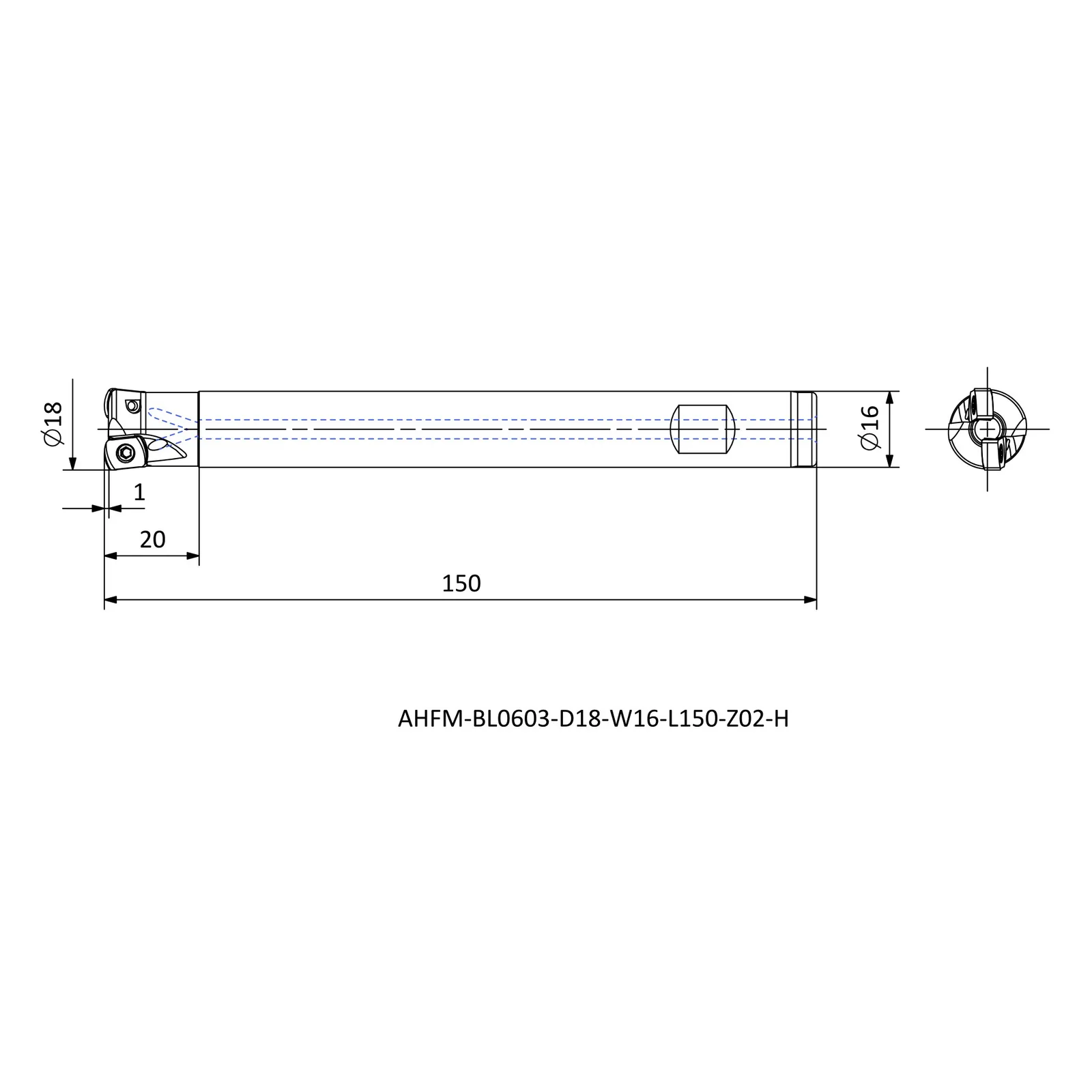 AHFM-BL0603-D18-W16-L150-Z02-H &mdash; dimensioned drawing