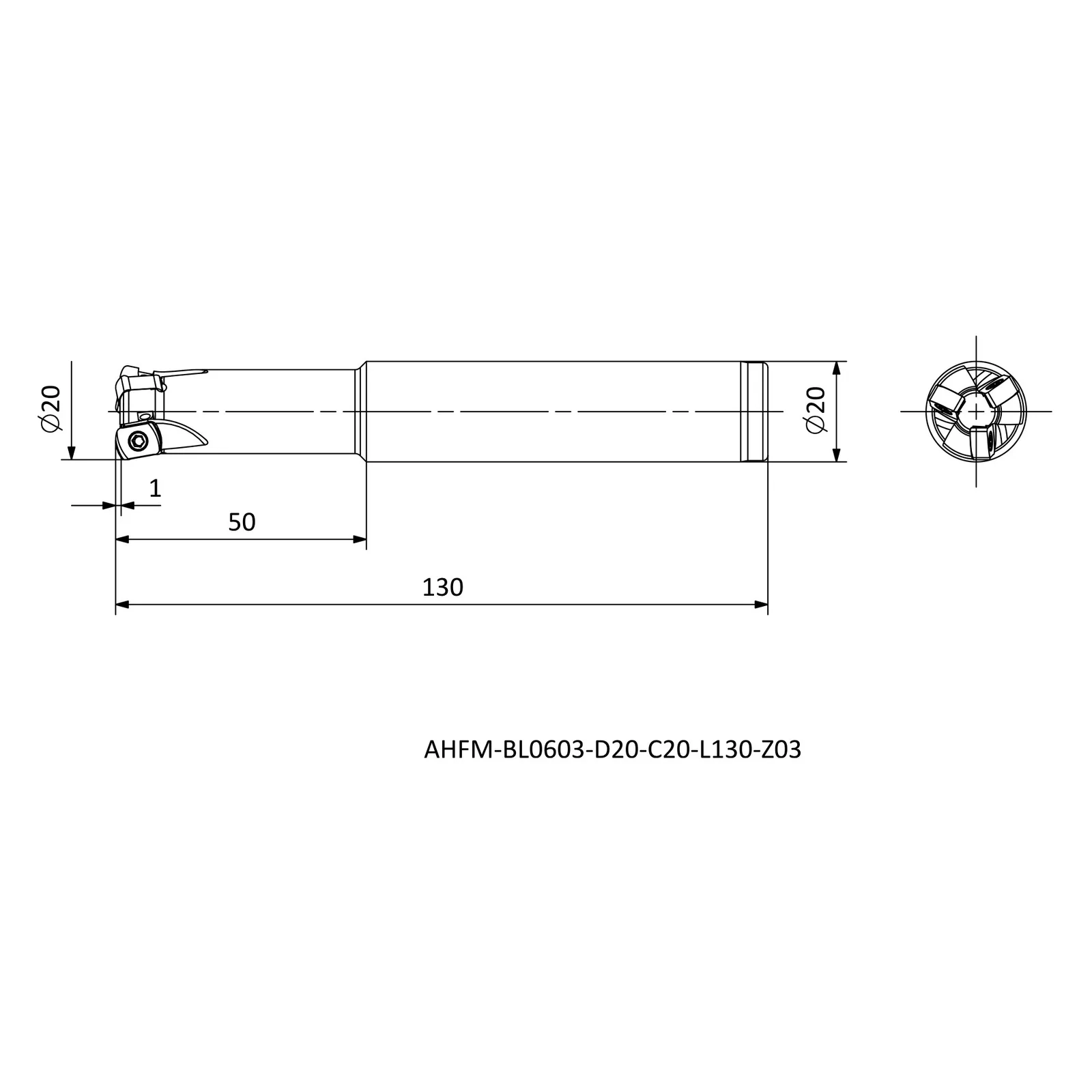 AHFM-BL0603-D20-C20-L130-Z03 &mdash; dimensioned drawing