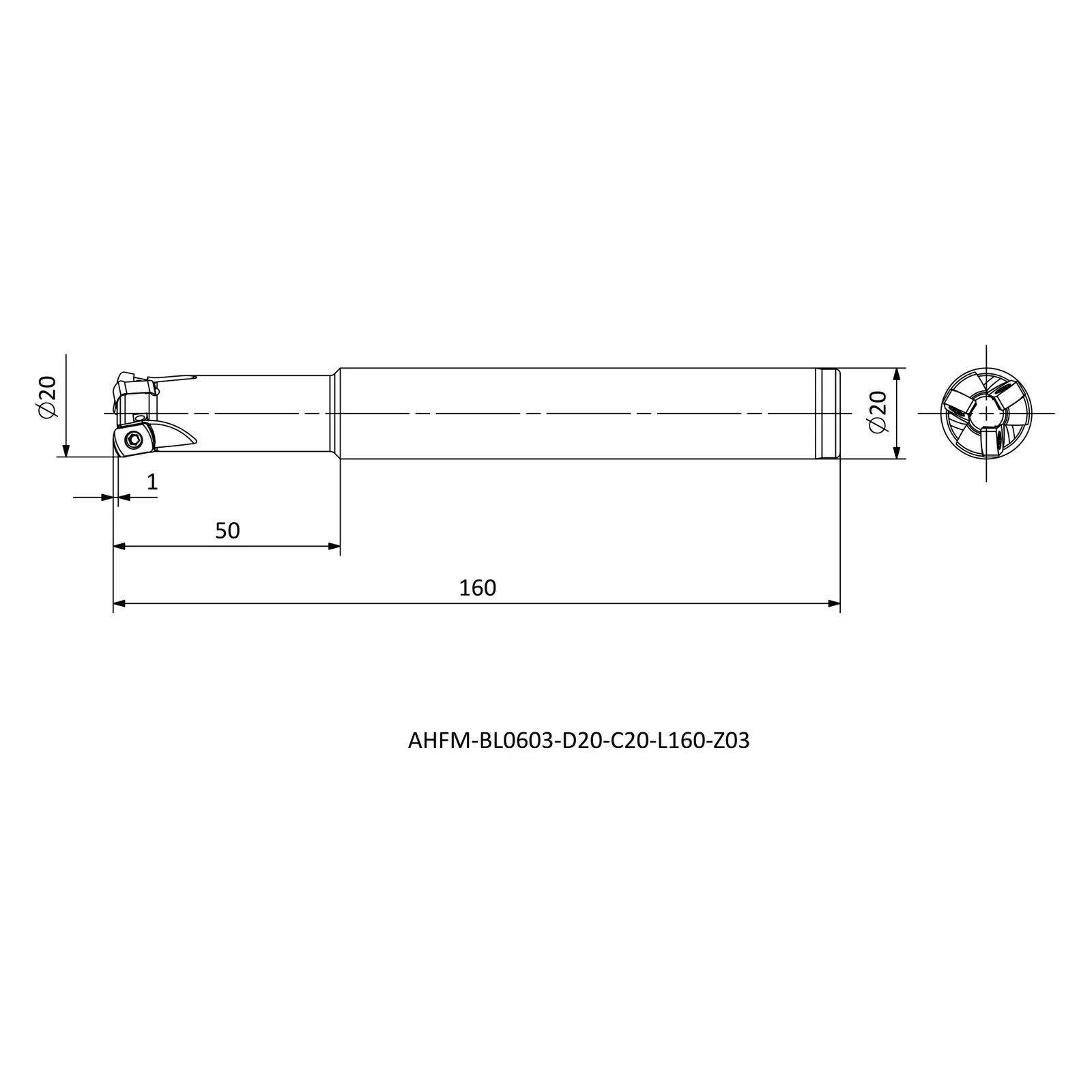 AHFM-BL0603-D20-C20-L160-Z03 &mdash; dimensioned drawing