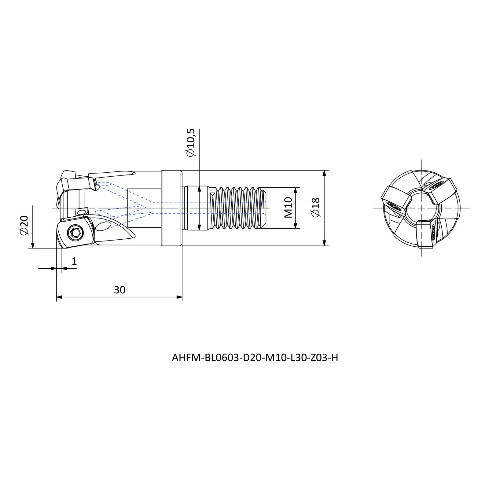 AHFM-BL0603-D20-M10-L30-Z03-H &mdash; dimensioned drawing