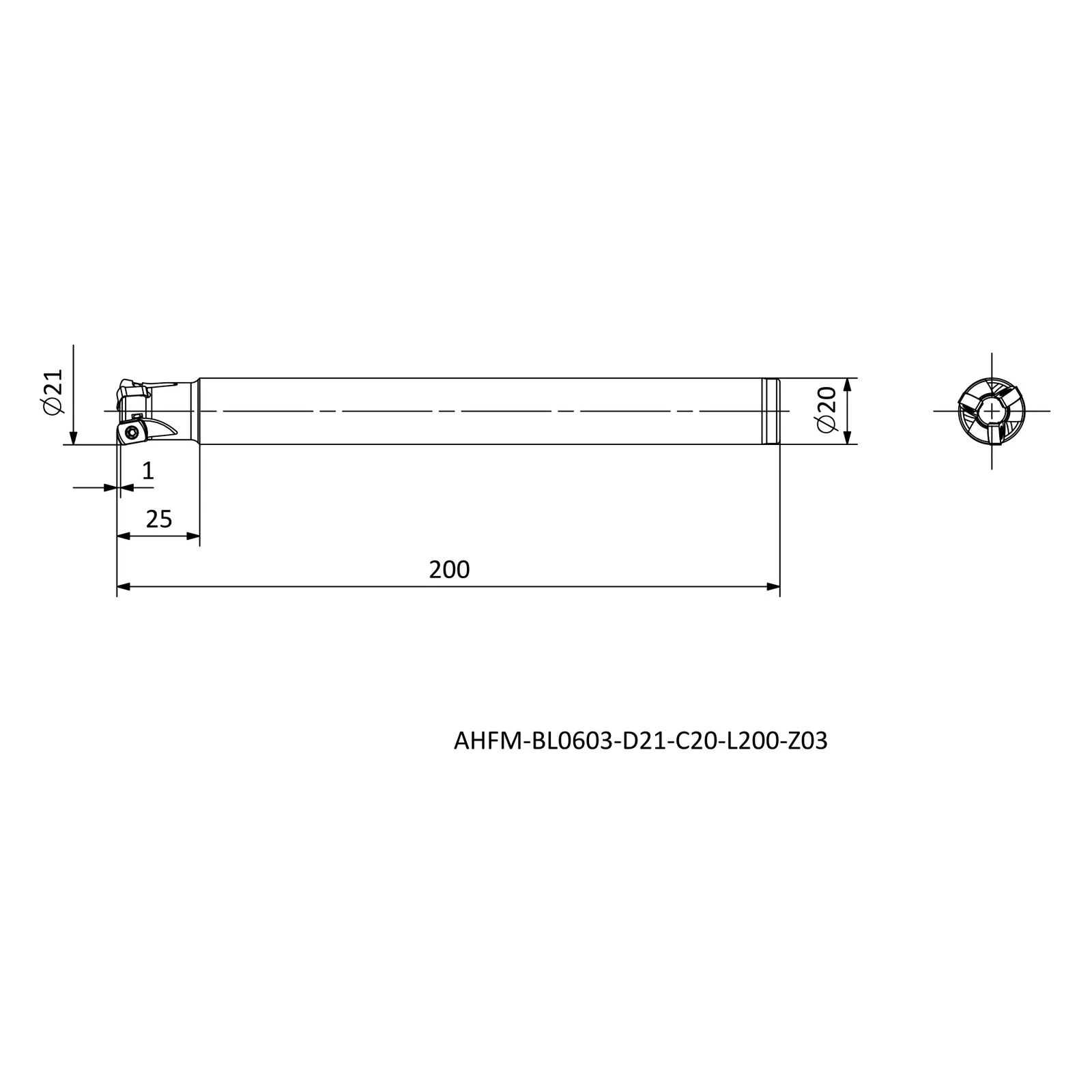 AHFM-BL0603-D21-C20-L200-Z03 &mdash; dimensioned drawing