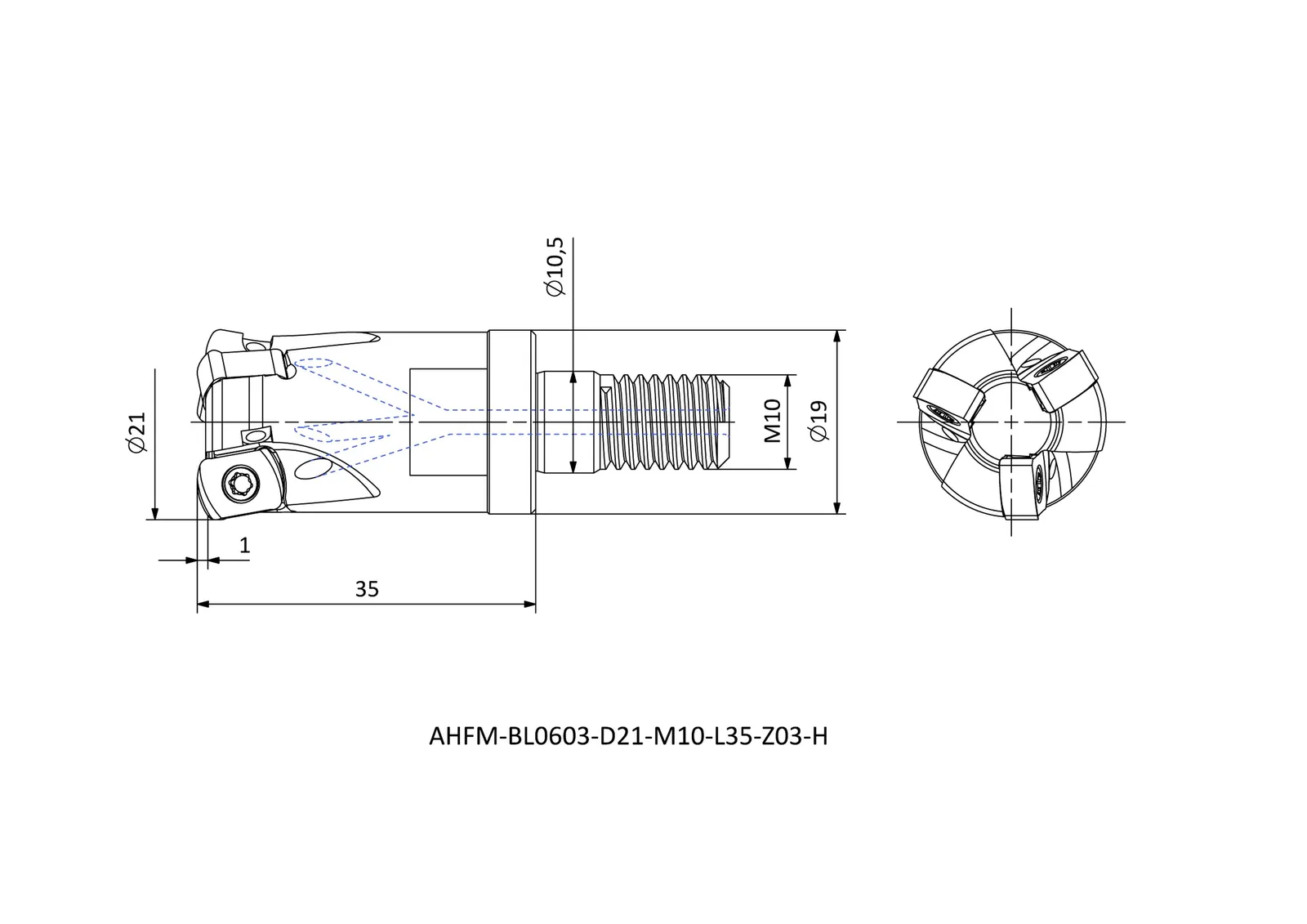 AHFM-BL0603-D21-M10-L35-Z03-H &mdash; dimensioned drawing