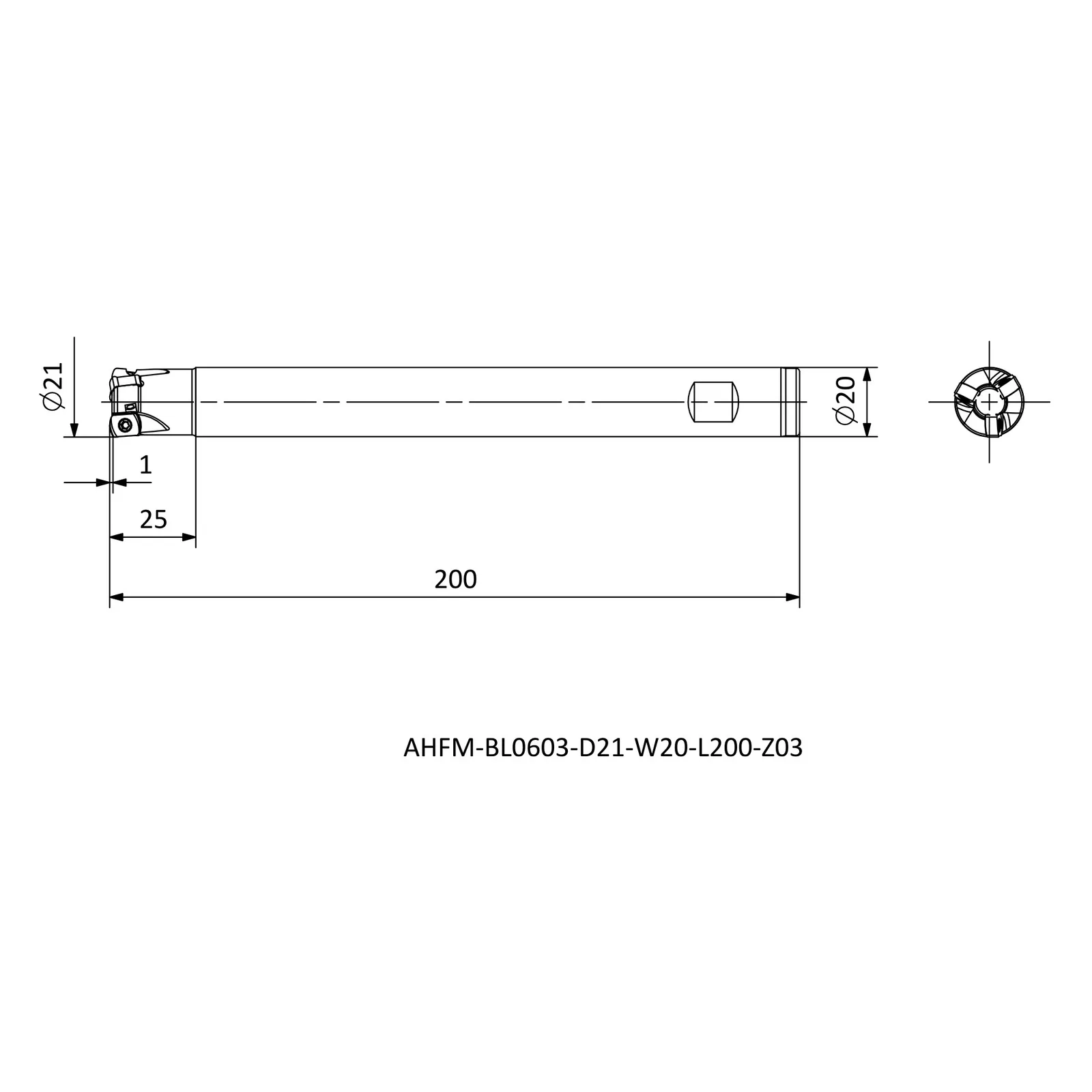 AHFM-BL0603-D21-W20-L200-Z03 &mdash; dimensioned drawing
