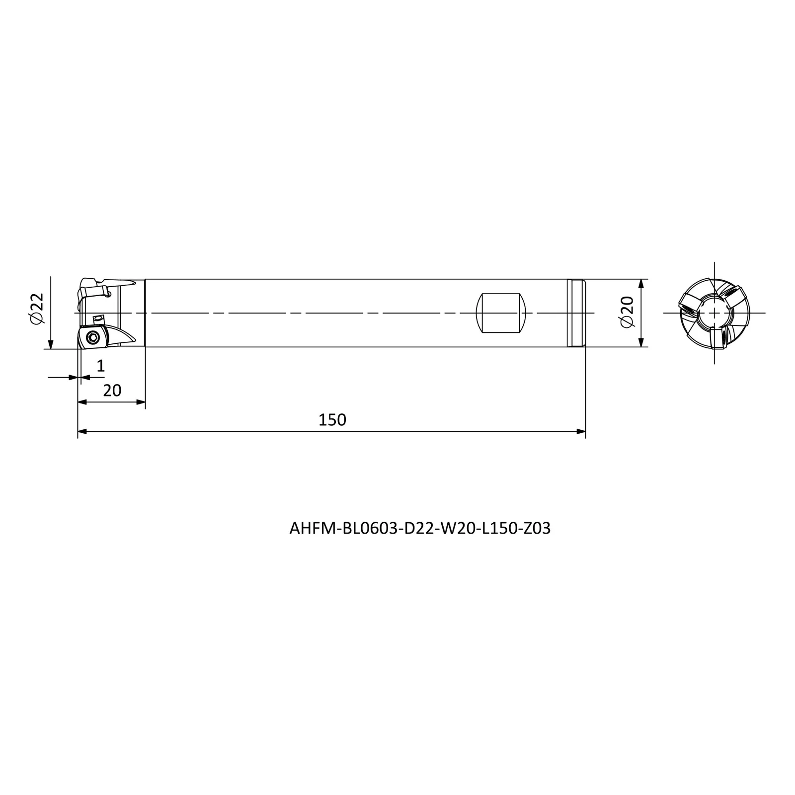 AHFM-BL0603-D22-W20-L150-Z03 &mdash; dimensioned drawing