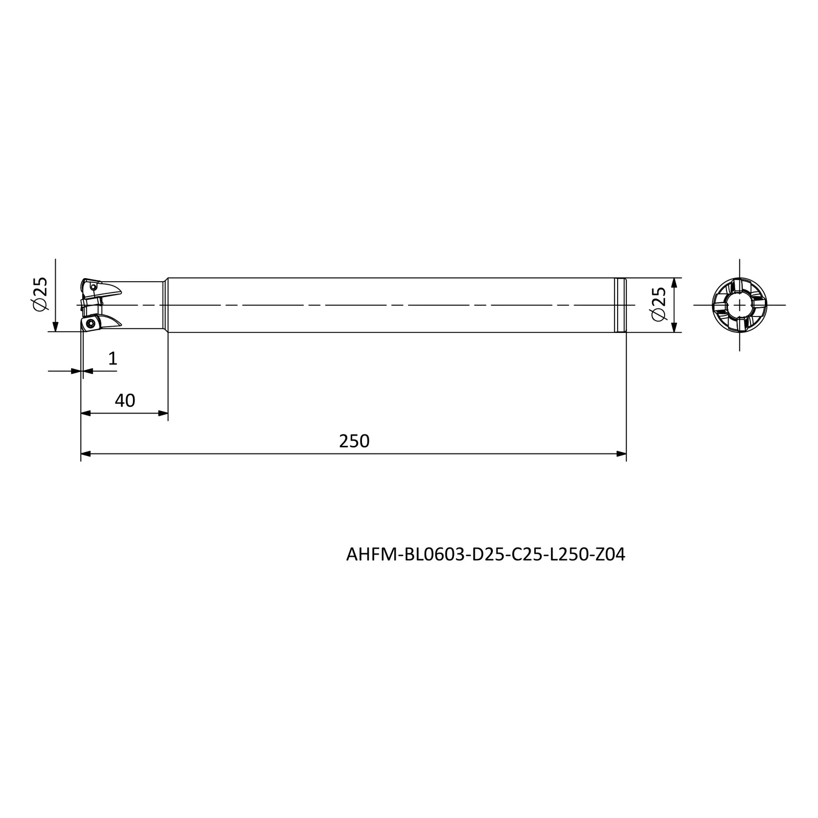 AHFM-BL0603-D25-C25-L250-Z04 &mdash; dimensioned drawing