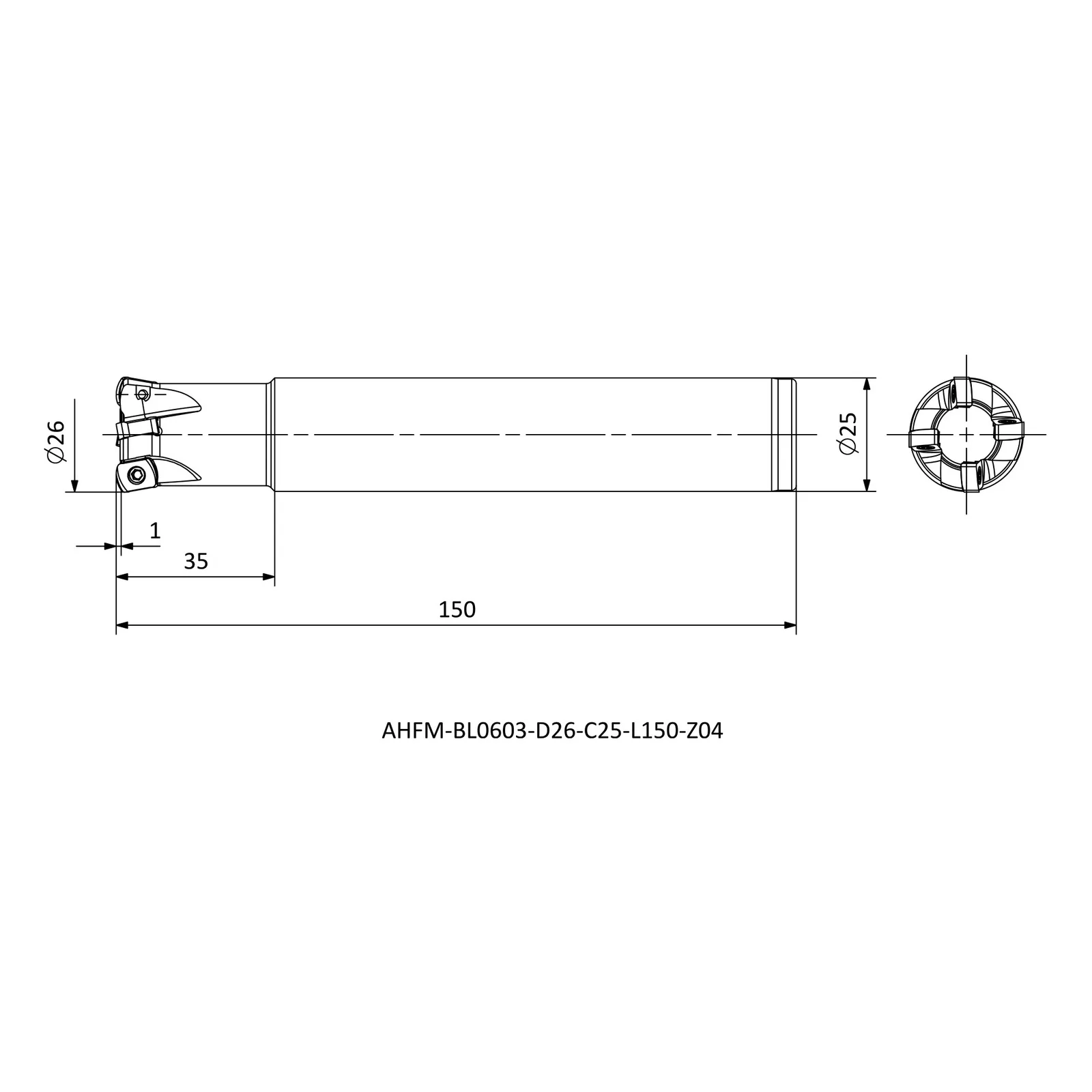 AHFM-BL0603-D26-C25-L150-Z04 &mdash; dimensioned drawing