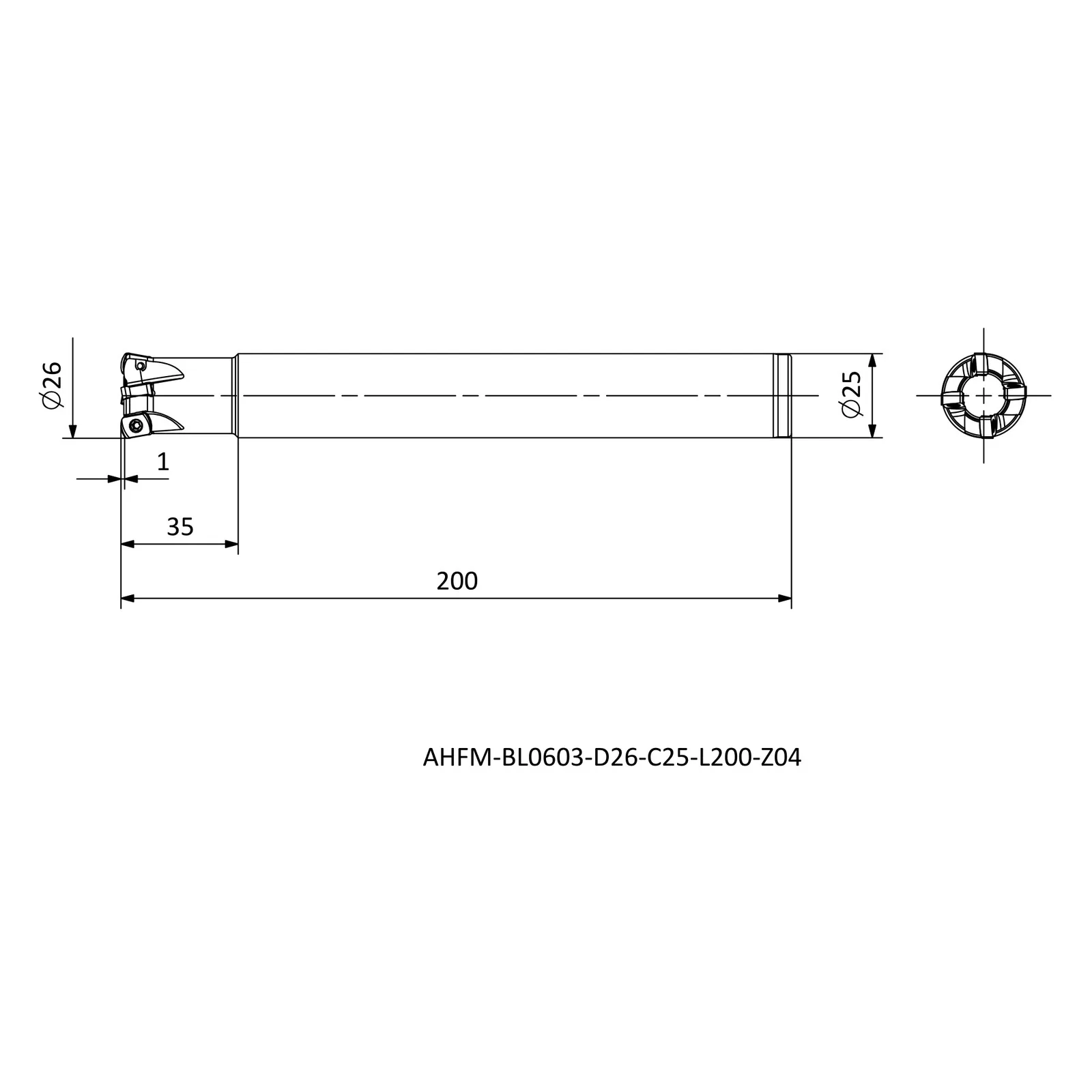 AHFM-BL0603-D26-C25-L200-Z04 &mdash; dimensioned drawing