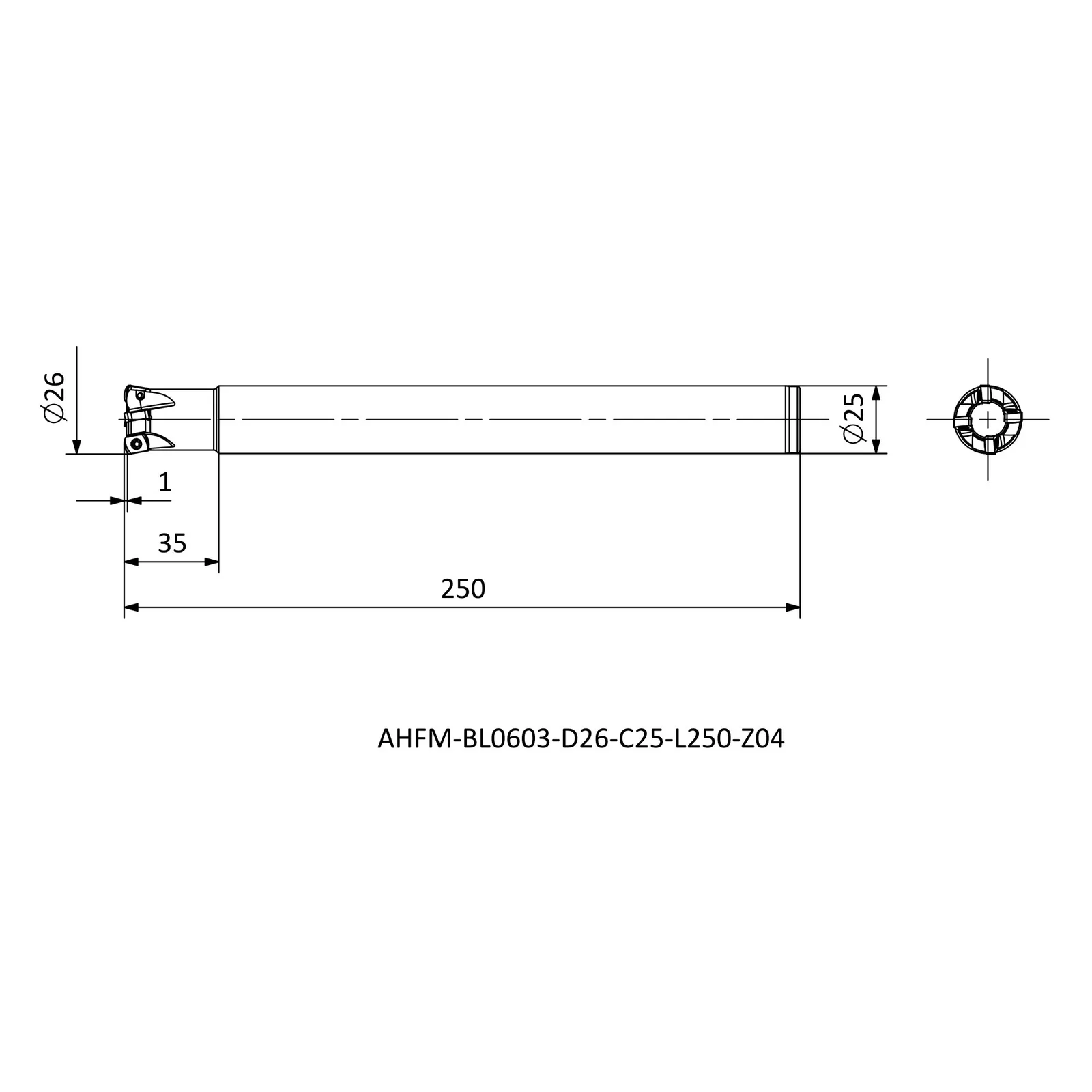 AHFM-BL0603-D26-C25-L250-Z04 &mdash; dimensioned drawing