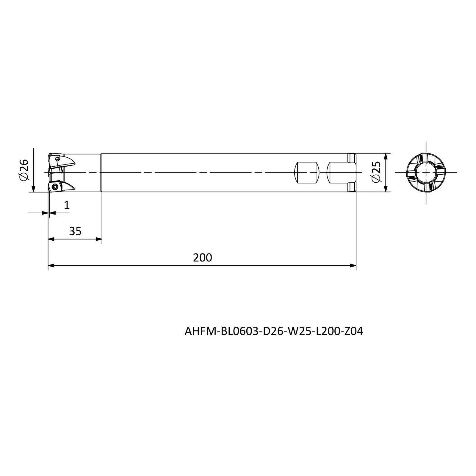 AHFM-BL0603-D26-W25-L200-Z04 &mdash; dimensioned drawing