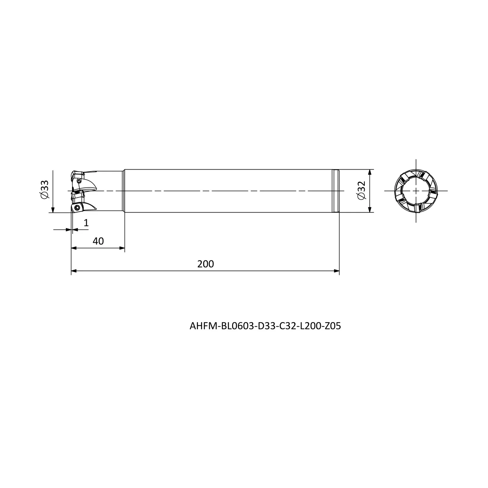 AHFM-BL0603-D33-C32-L200-Z05 &mdash; dimensioned drawing