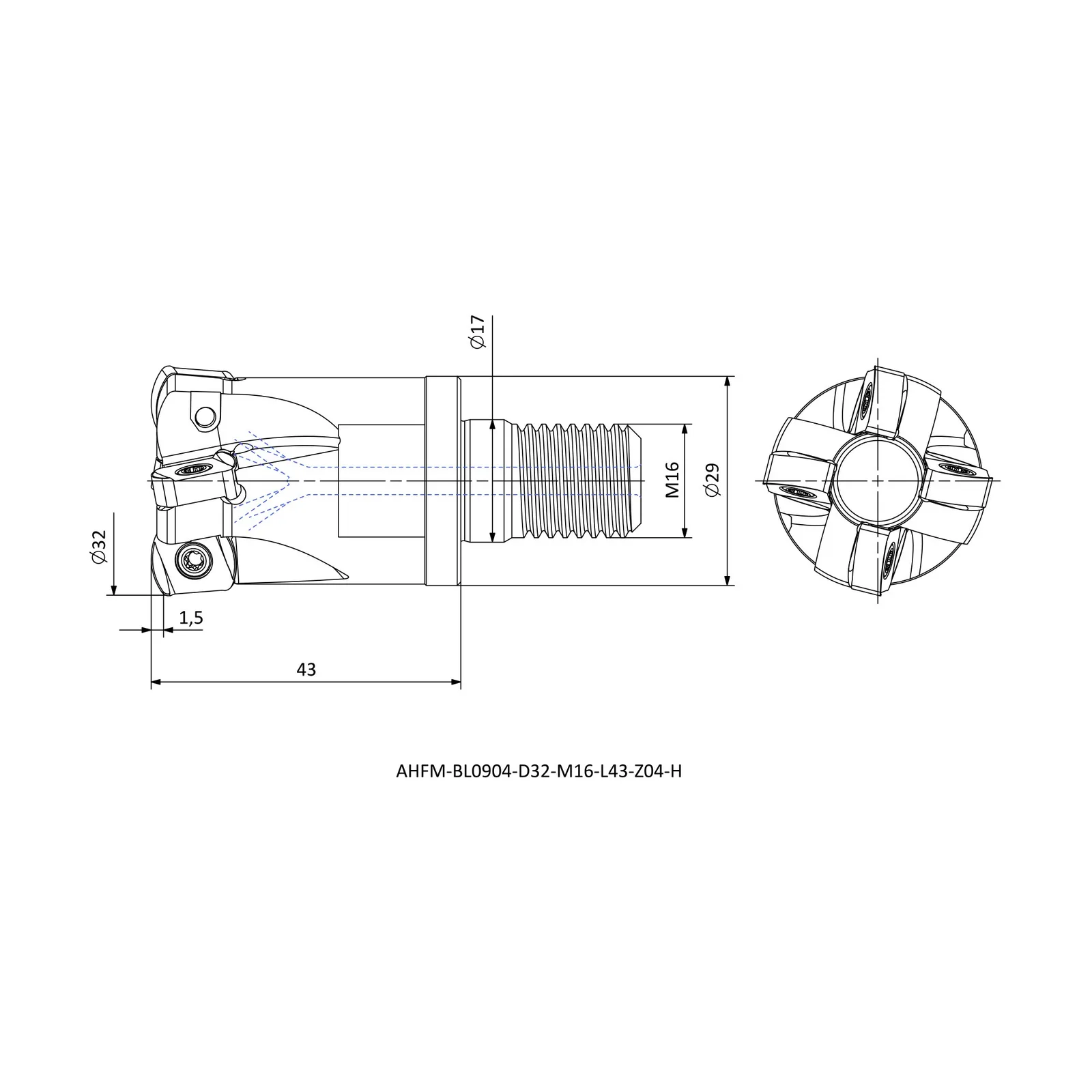 AHFM-BL0904-D32-M16-L43-Z04-H &mdash; dimensioned drawing