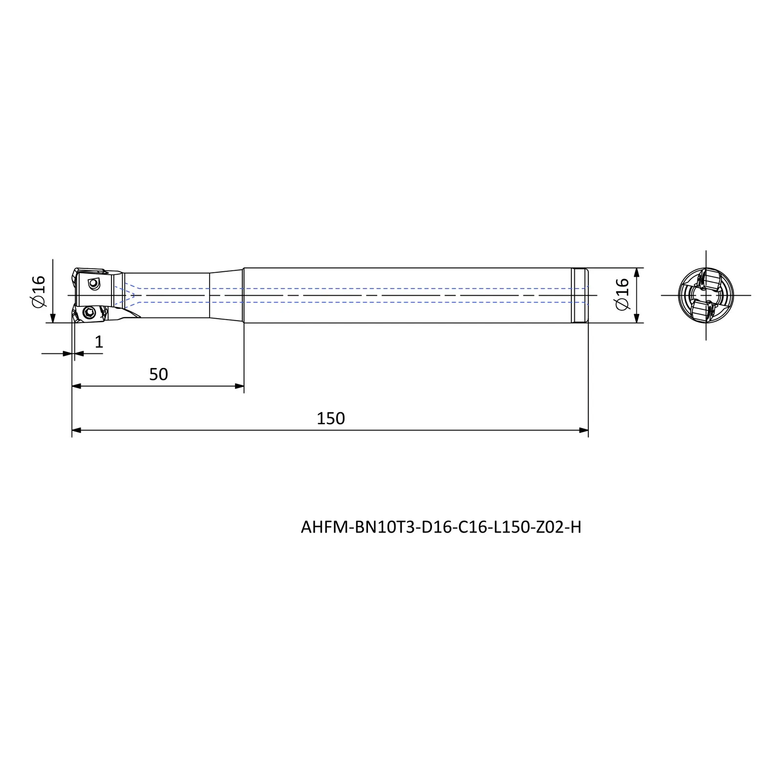 AHFM-BN10T3-D16-C16-L150-Z02-H &mdash; dimensioned drawing