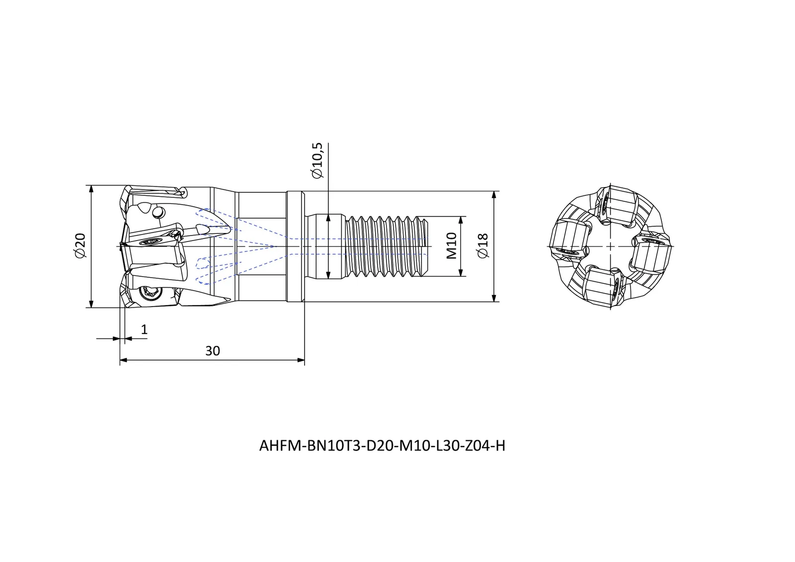 AHFM-BN10T3-D20-M10-L30-Z04-H &mdash; dimensioned drawing