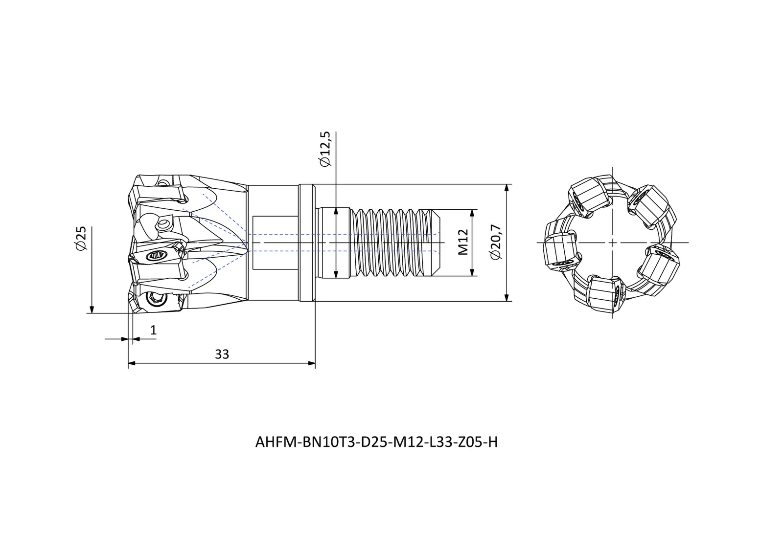 AHFM-BN10T3-D25-M12-L33-Z05-H &mdash; dimensioned drawing
