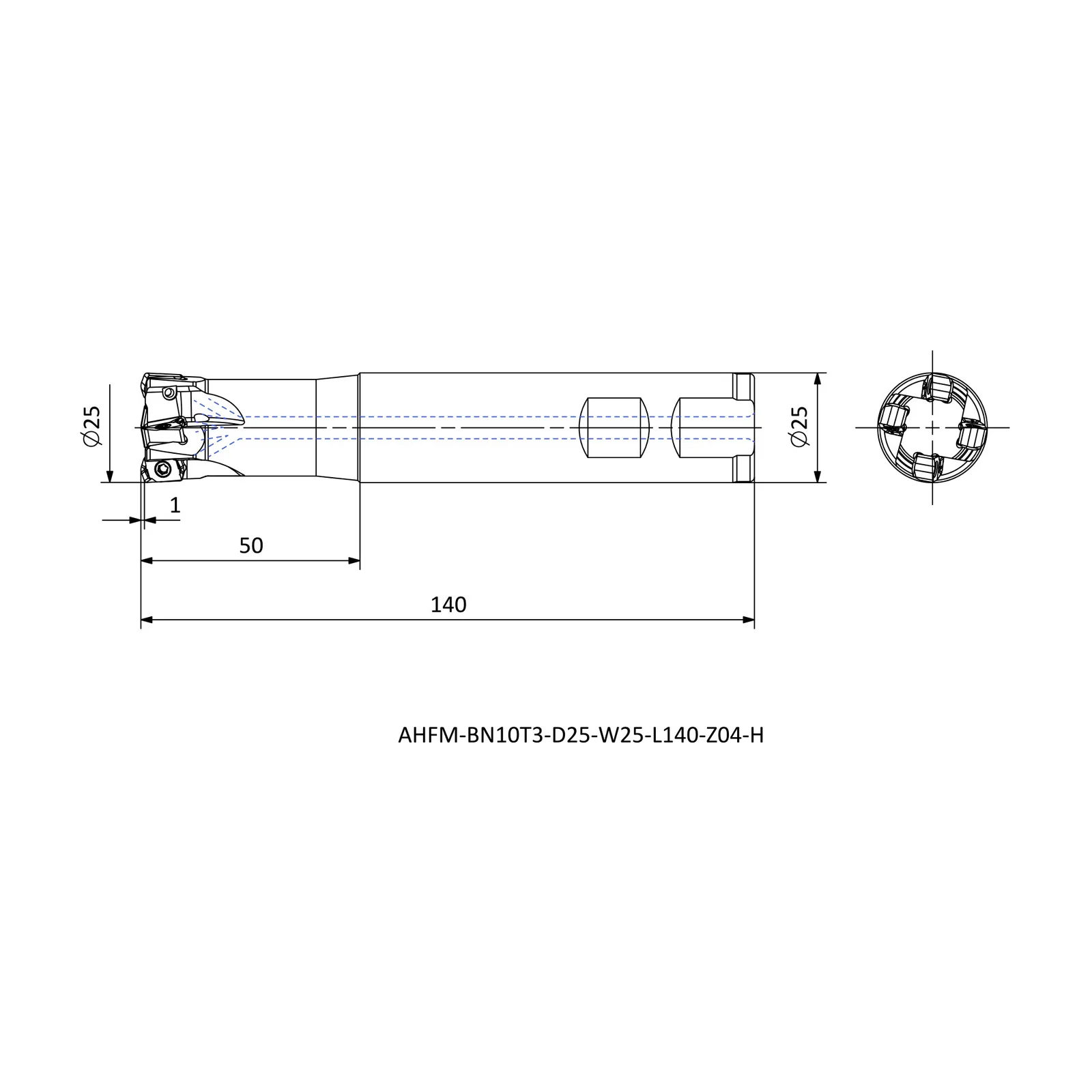 AHFM-BN10T3-D25-W25-L140-Z04-H &mdash; dimensioned drawing