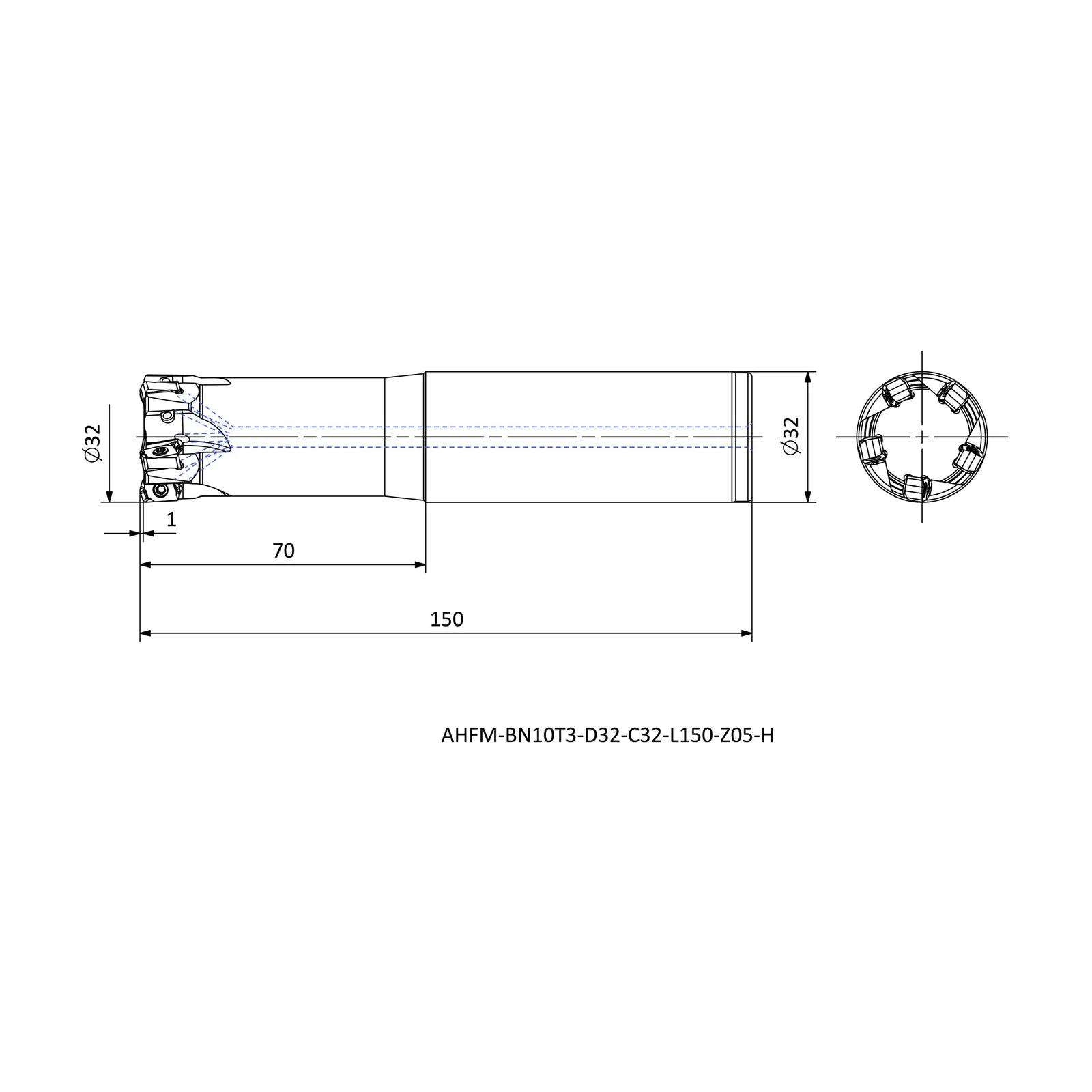 AHFM-BN10T3-D32-C32-L150-Z05-H &mdash; dimensioned drawing
