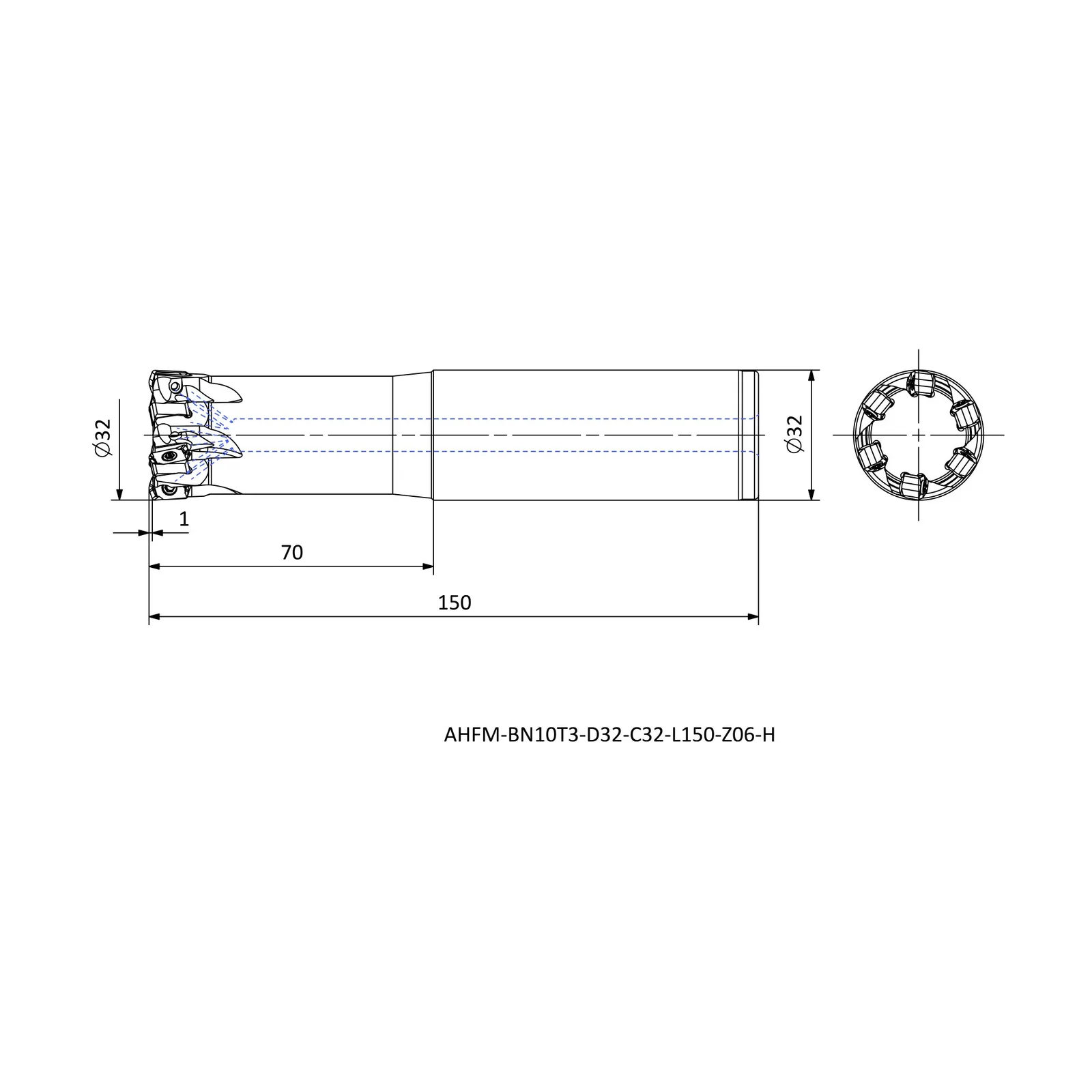 AHFM-BN10T3-D32-C32-L150-Z06-H &mdash; dimensioned drawing