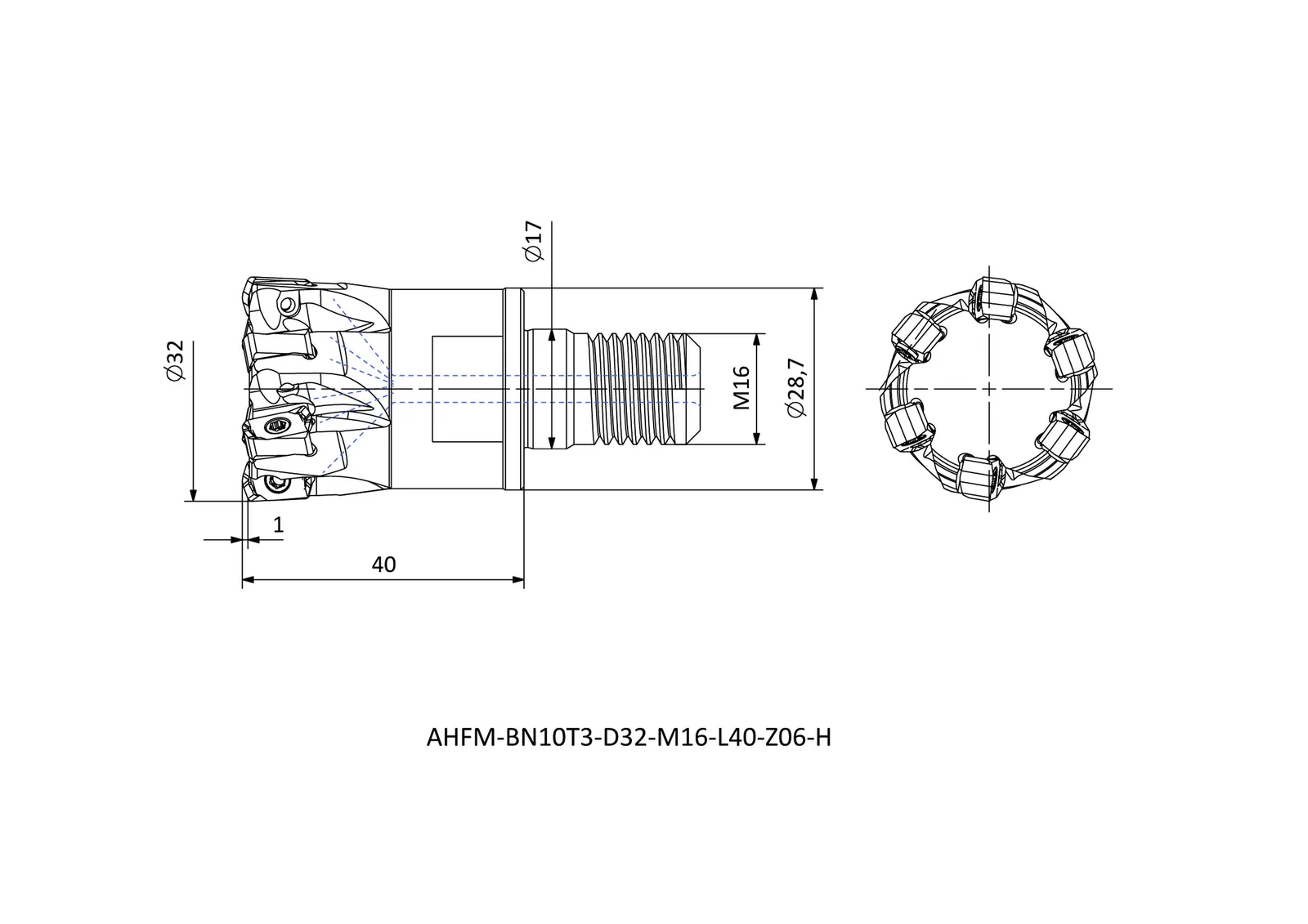 AHFM-BN10T3-D32-M16-L40-Z06-H &mdash; dimensioned drawing