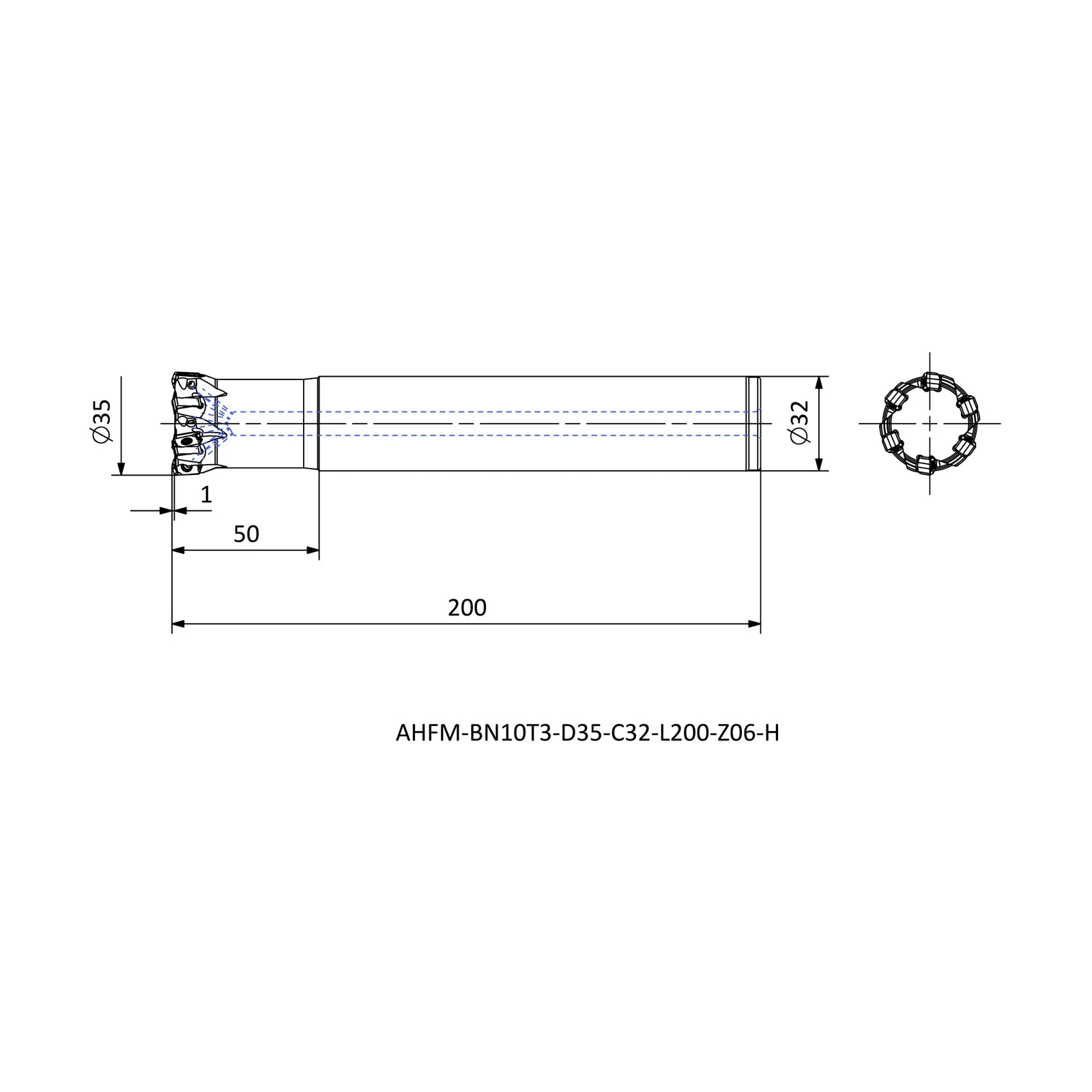 AHFM-BN10T3-D35-C32-L200-Z06-H &mdash; dimensioned drawing